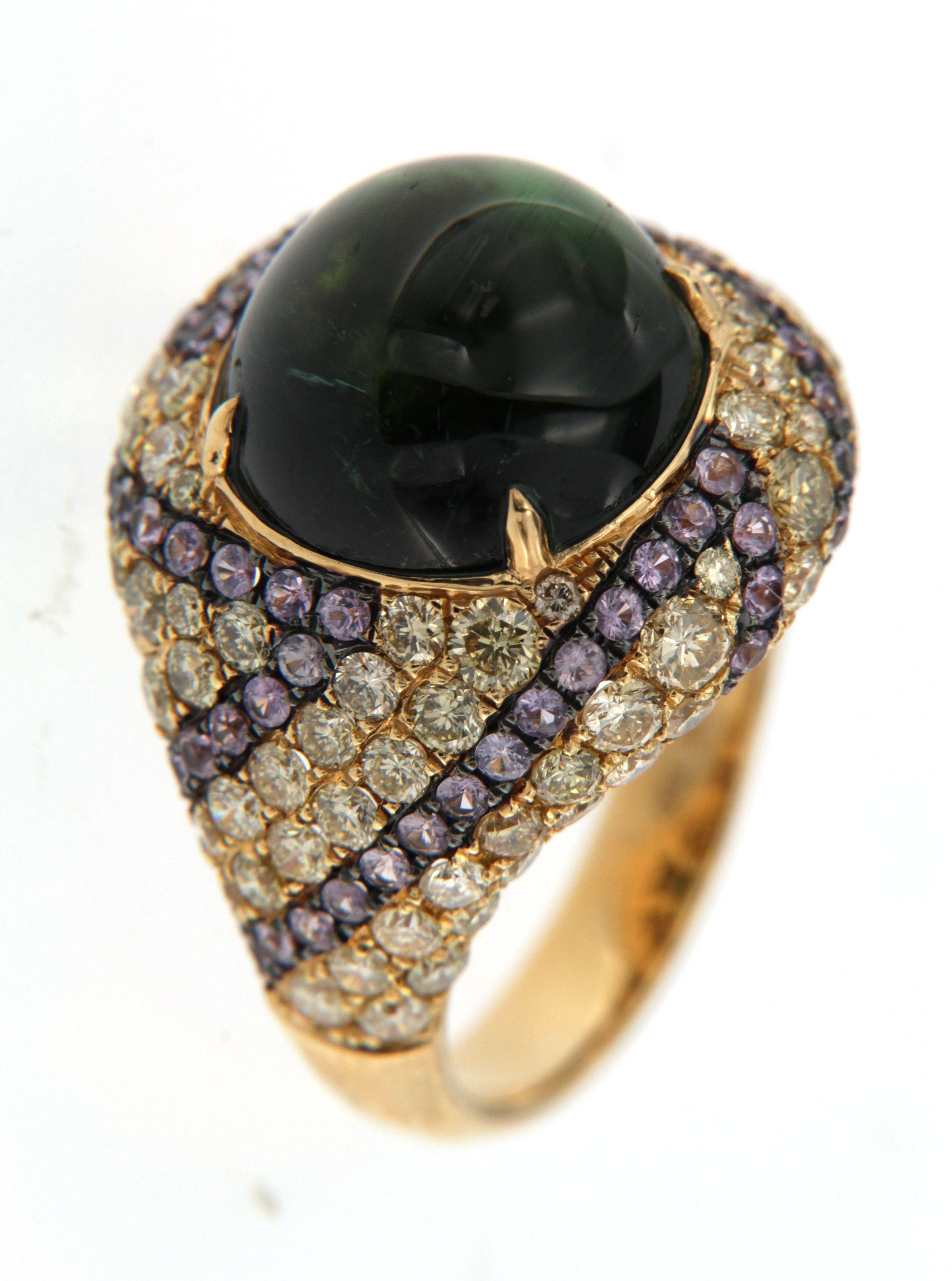 Art Deco Vintage 11.20ct Cat's eye Green Tourmaline Diamond Sapphire Ring in 18k Gold For Sale