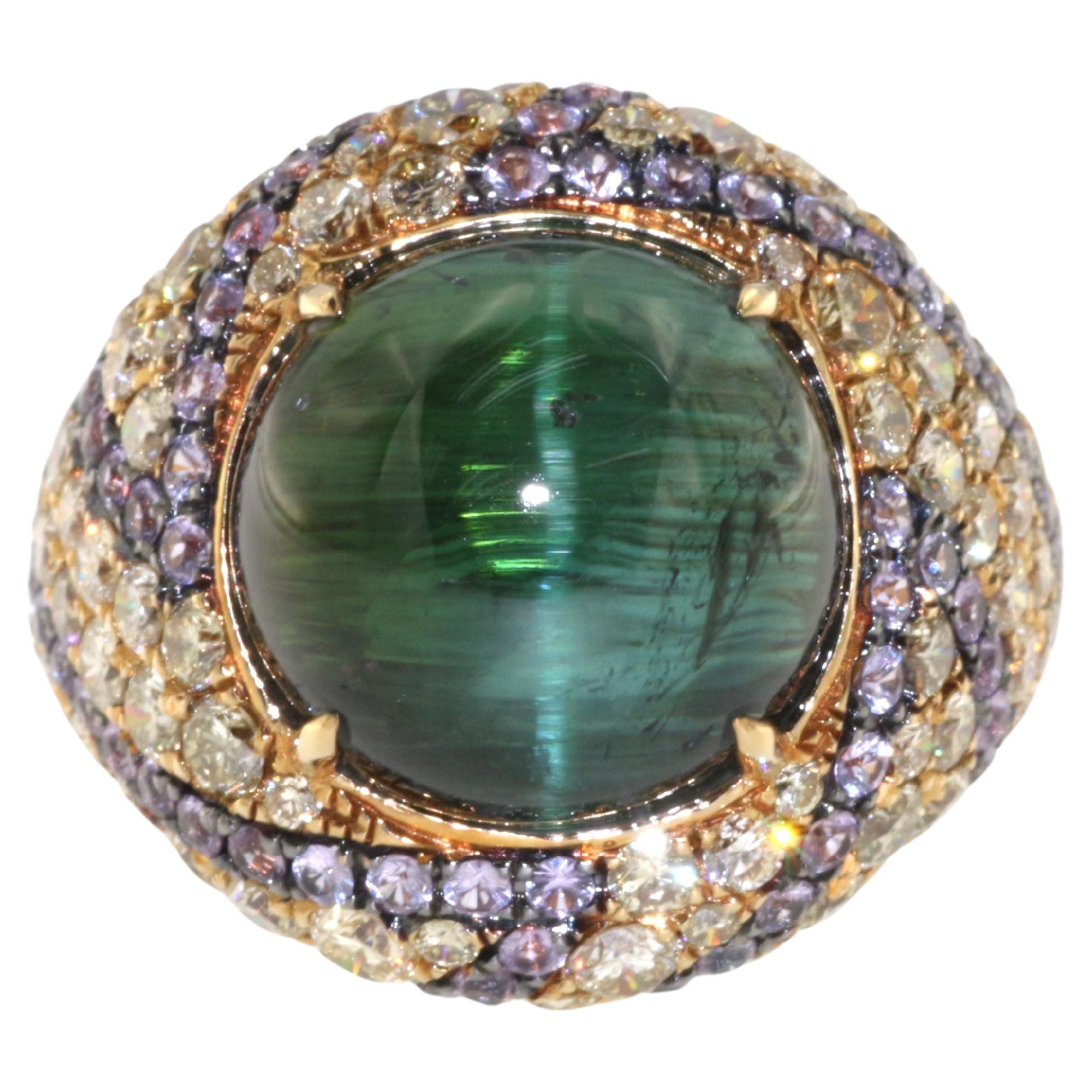 Vintage 11.20ct Cat's eye Green Tourmaline Diamond Sapphire Ring in 18k Gold For Sale