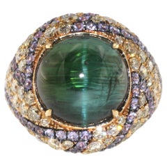 Vintage 11.20ct Cat's eye Green Tourmaline Diamond Sapphire Ring in 18k Gold