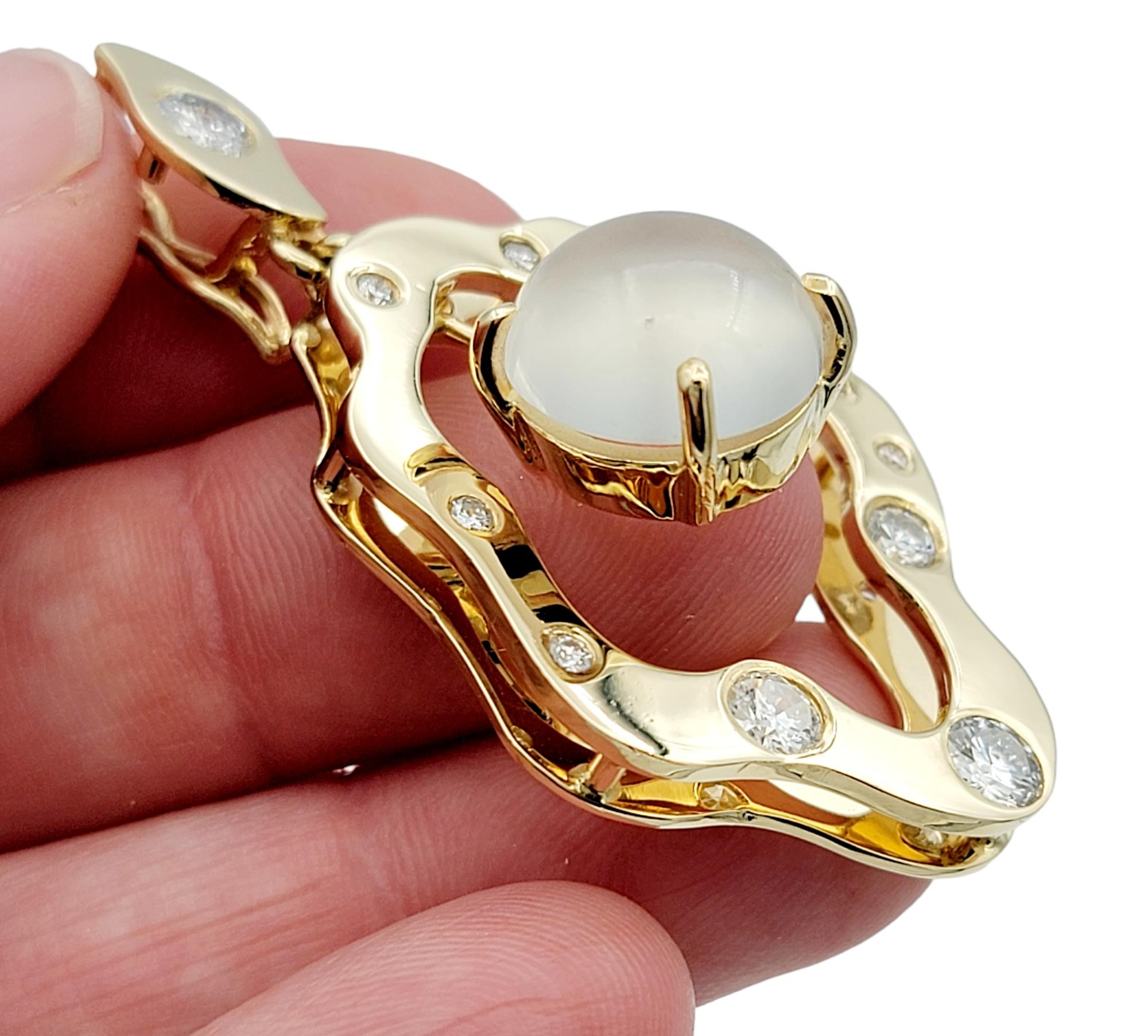 Cabochon Cat's Eye Moonstone and Diamond Asymmetrical Pendant in 14 Karat Gold For Sale 5