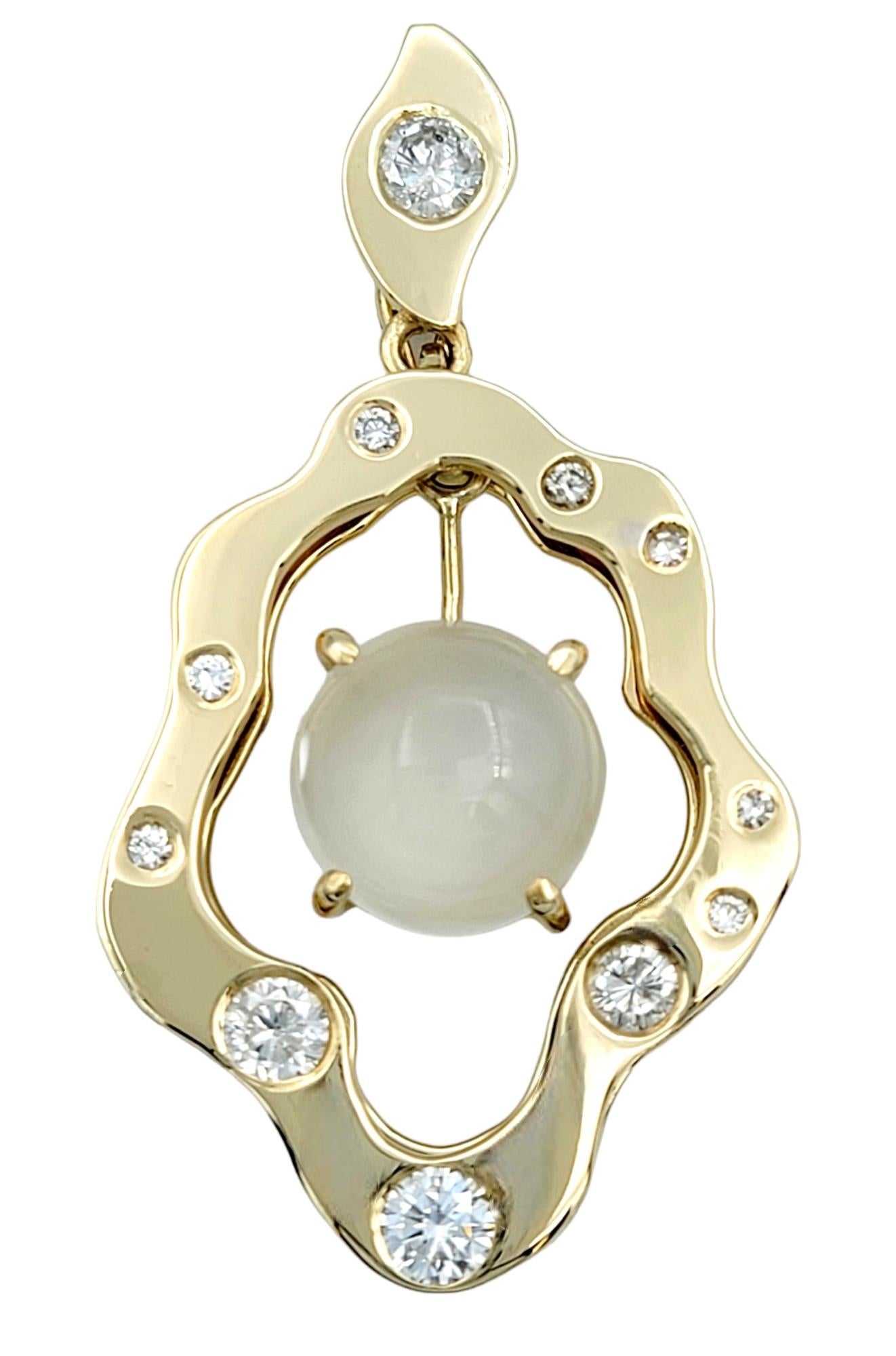 Women's Cabochon Cat's Eye Moonstone and Diamond Asymmetrical Pendant in 14 Karat Gold For Sale