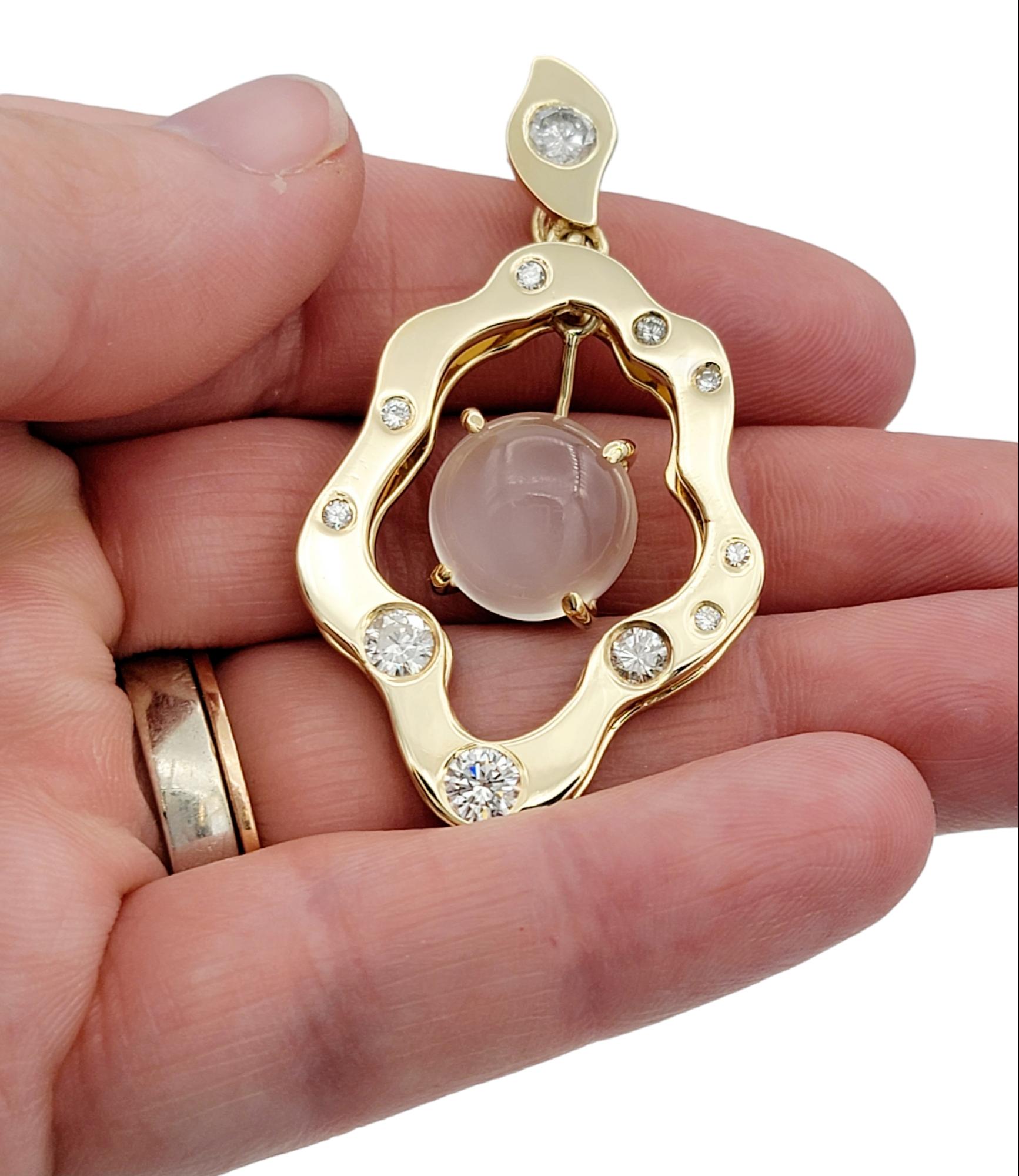 Cabochon Cat's Eye Moonstone and Diamond Asymmetrical Pendant in 14 Karat Gold For Sale 3