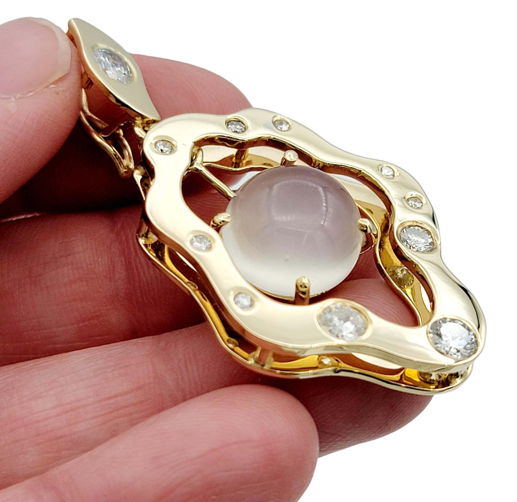 Cabochon Cat's Eye Moonstone and Diamond Asymmetrical Pendant in 14 Karat Gold For Sale 4