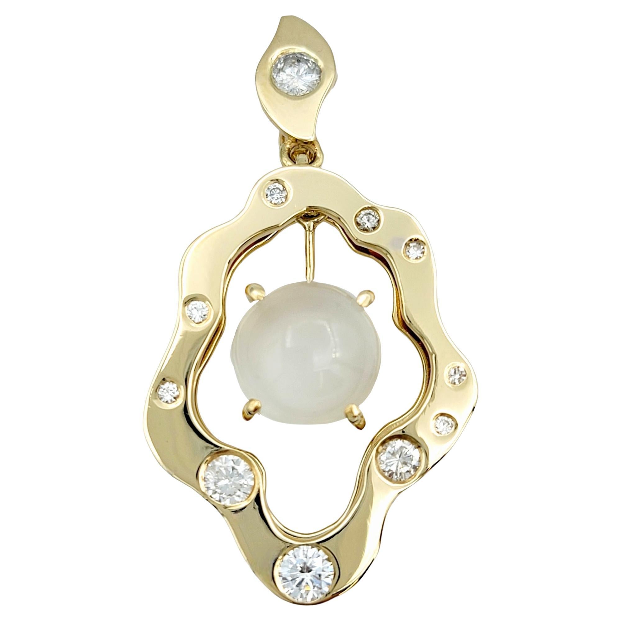 Cabochon Cat's Eye Moonstone and Diamond Asymmetrical Pendant in 14 Karat Gold For Sale