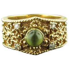 Cabochon Cats Eye Stone with Diamonds in 14 Karat Yellow Gold