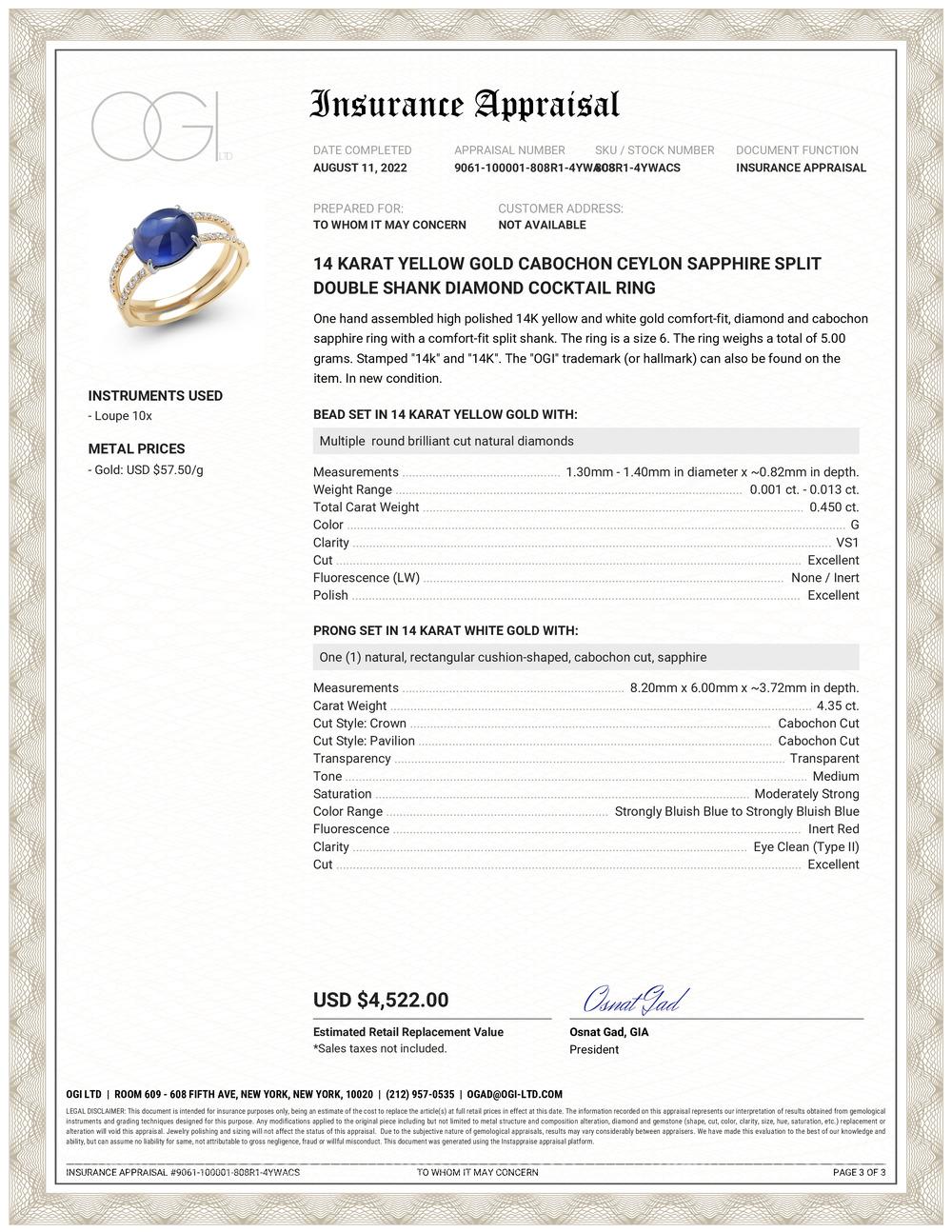 The Cabochon Ceylon Sapphire Split Double Shank Diamond Cocktail Ring is a beautiful and unique piece of jewelry that features a cabochon-cut Ceylon sapphire set in a split double shank diamond ring setting.
14 Karat yellow and white gold fine