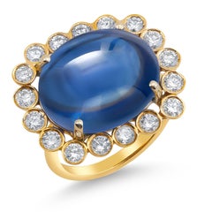 Cabochon Ceylon Sapphires 13.70 Carat Diamond 1.20 Carat Yellow Gold Ring  