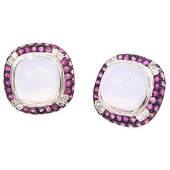 Cabochon Chalcedony Double Step Edge Pink Sapphire Diamond Pavé Clip-On Earrings