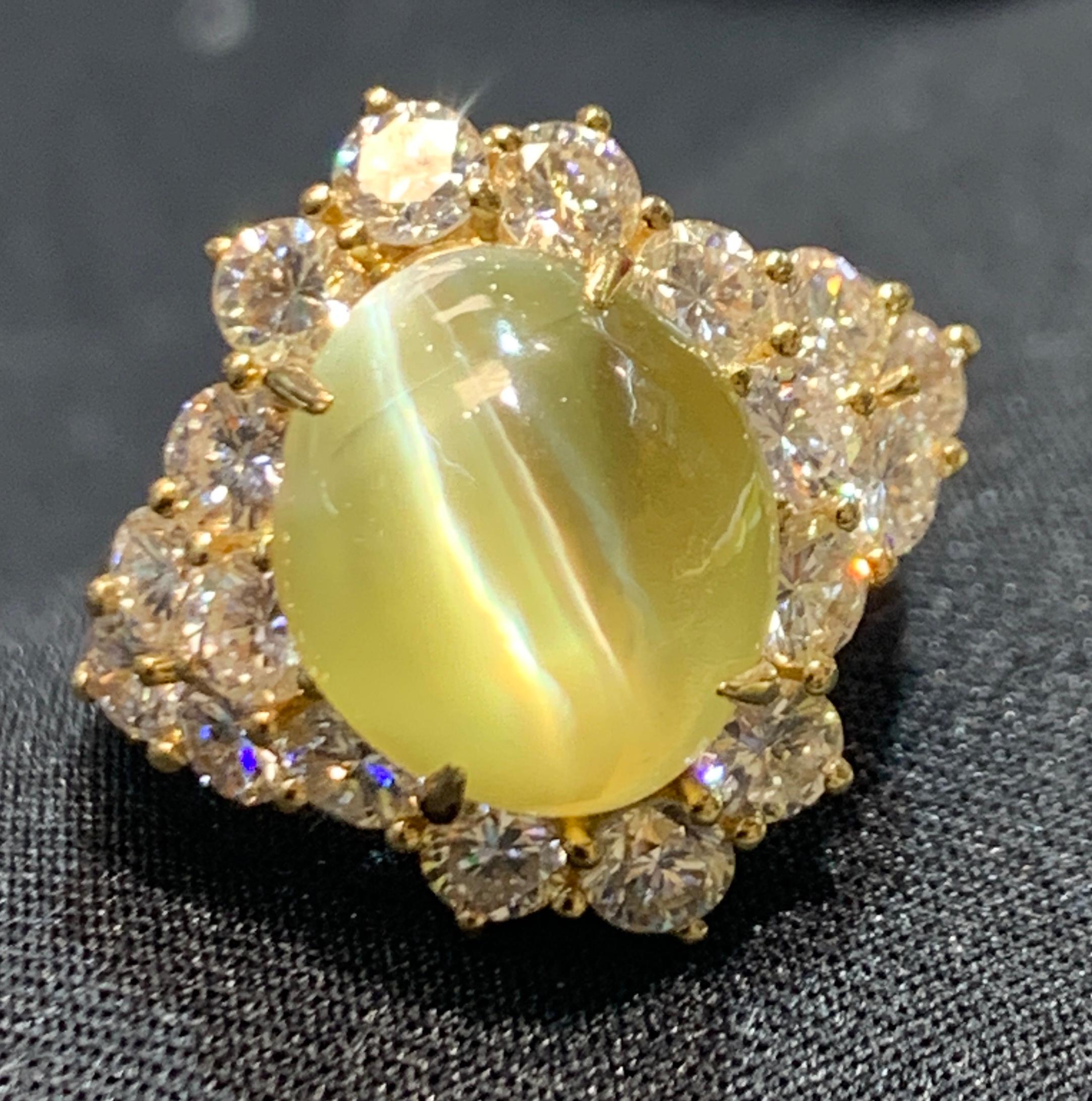 Cabochon Chrysoberyl Cats Eye and Diamond Ring For Sale 2