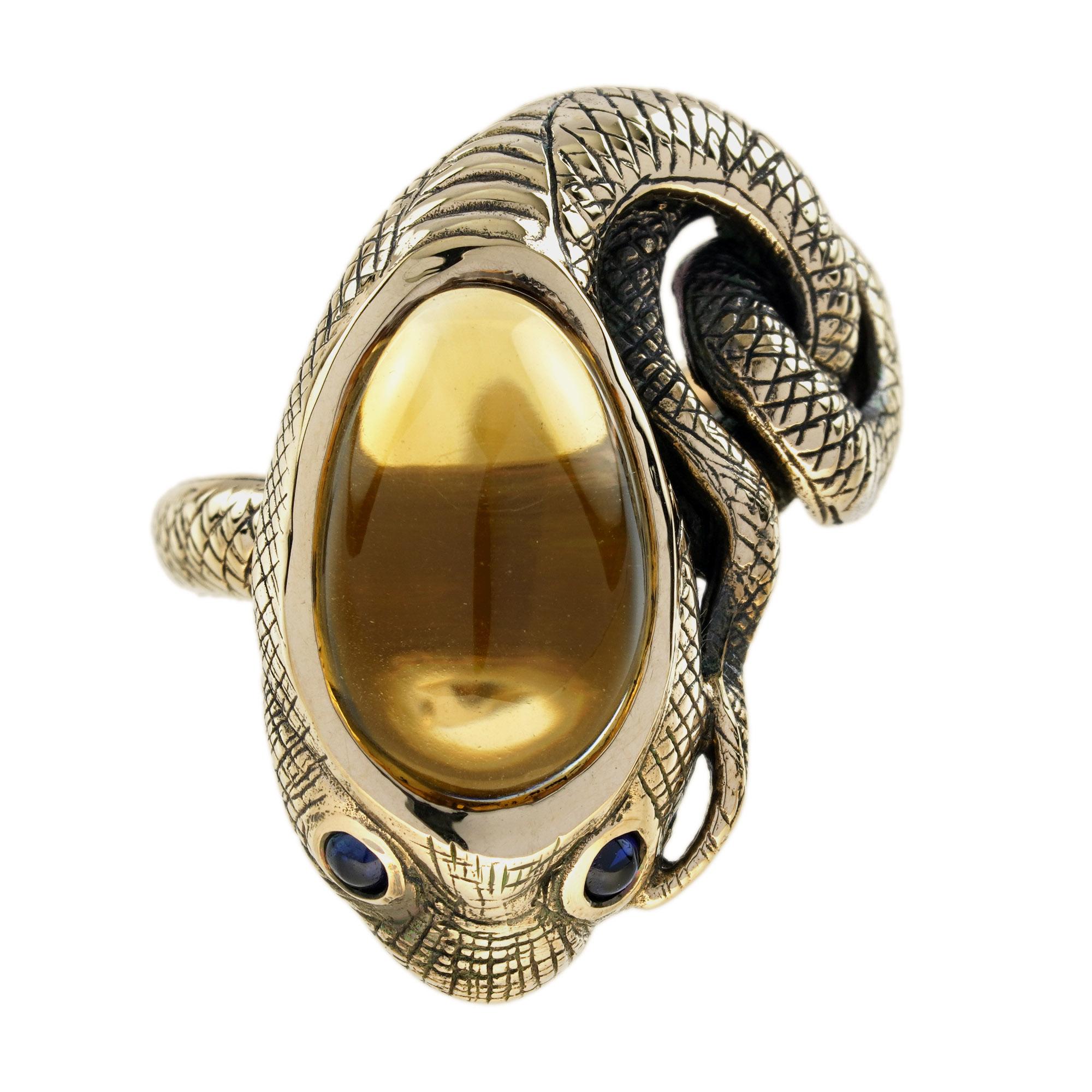 Edwardian Cabochon Citrine and Blue Sapphire Antique Style Snake Ring in 9K Yellow Gold For Sale