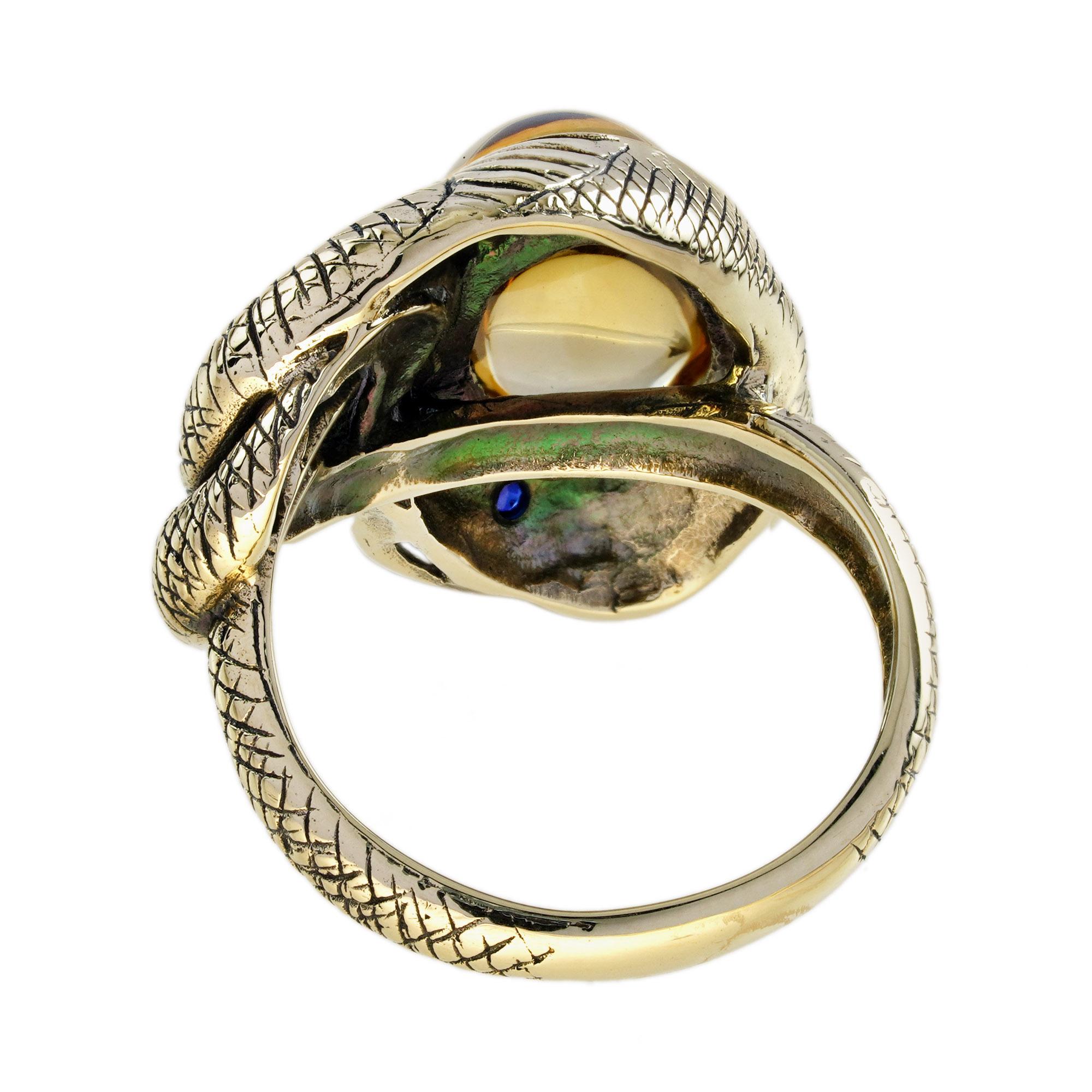Women's Cabochon Citrine and Blue Sapphire Antique Style Snake Ring in 9K Yellow Gold For Sale
