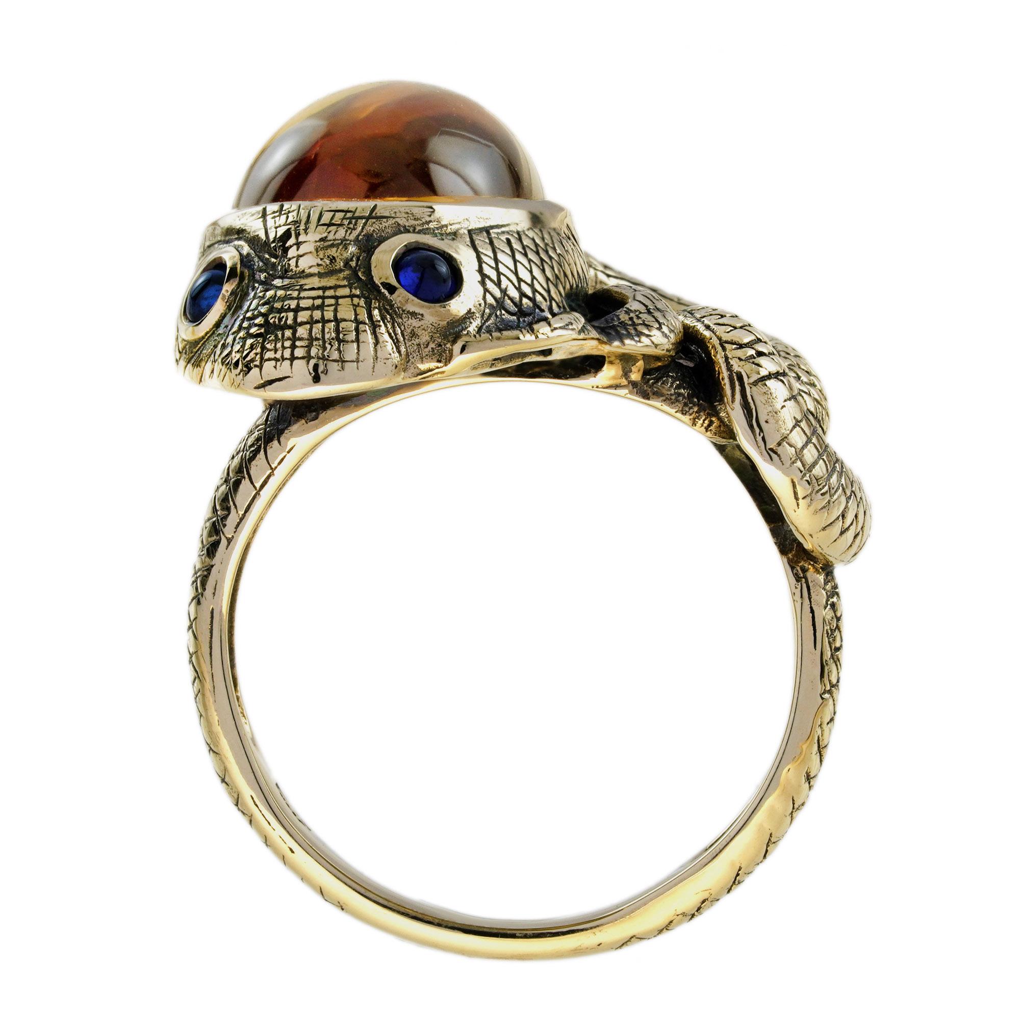 Cabochon Citrine and Blue Sapphire Antique Style Snake Ring in 9K Yellow Gold For Sale 1