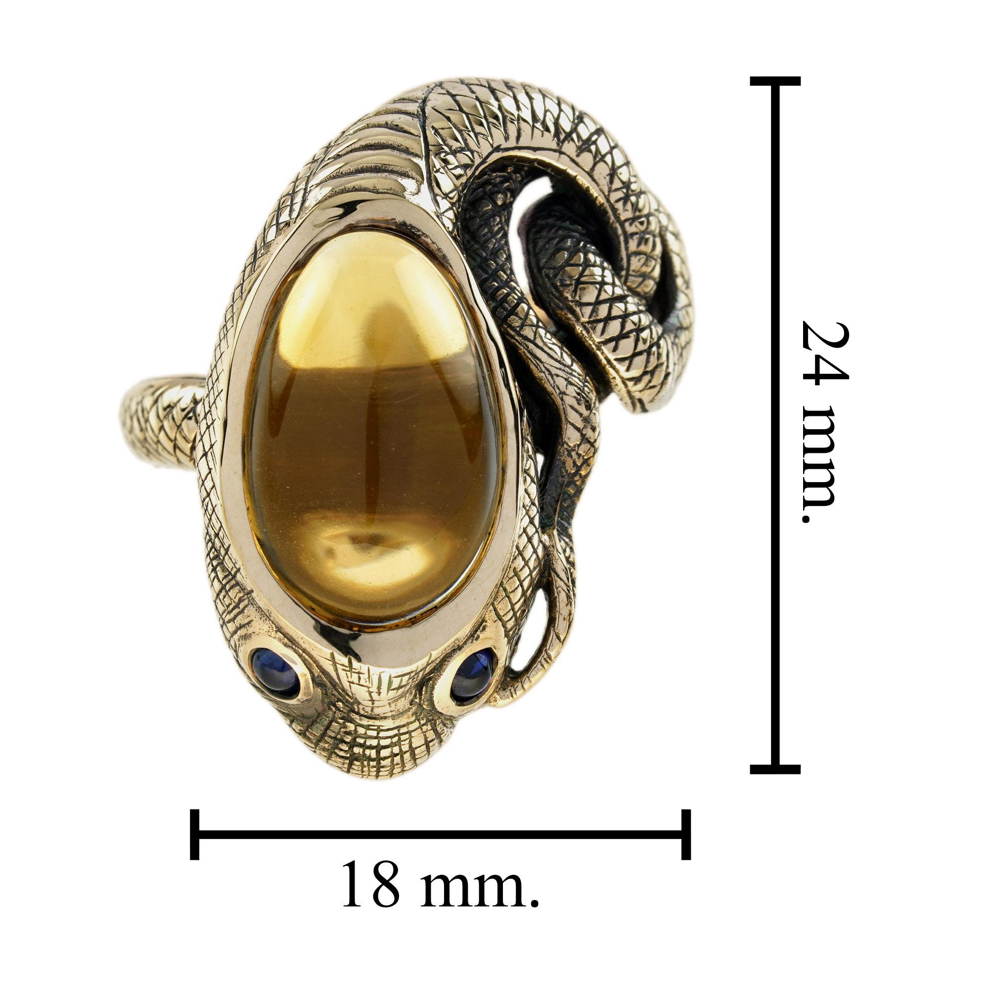 Cabochon Citrine and Blue Sapphire Antique Style Snake Ring in 9K Yellow Gold For Sale 2