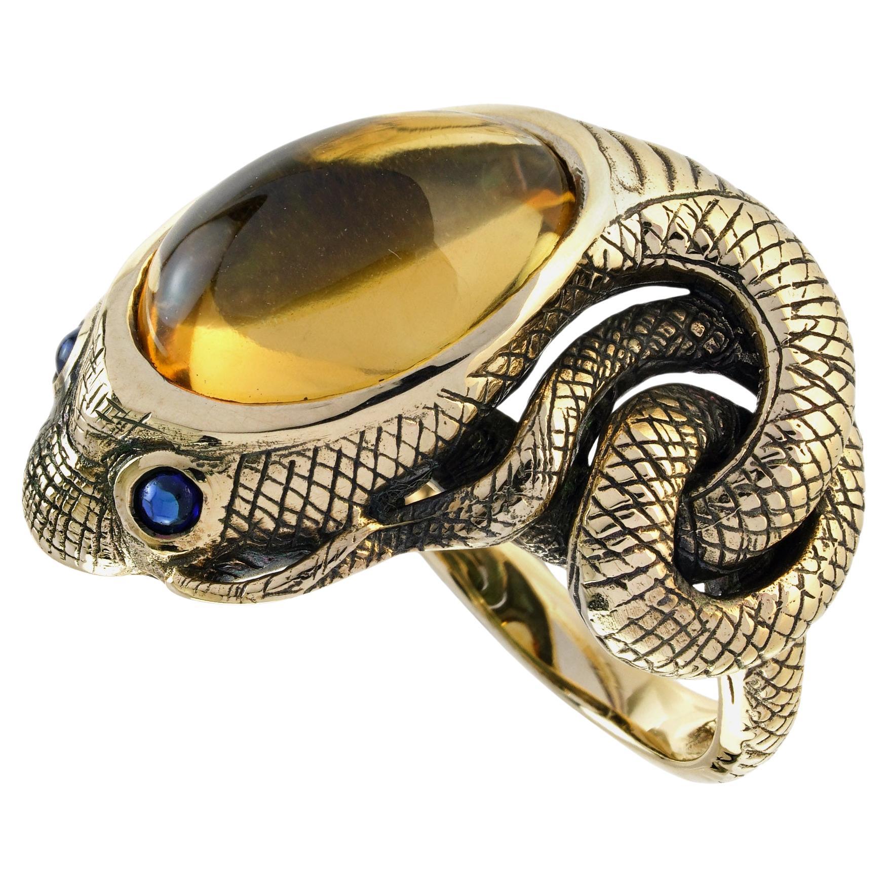 Cabochon Citrine and Blue Sapphire Antique Style Snake Ring in 9K Yellow Gold For Sale