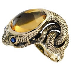 Cabochon Citrine and Blue Sapphire Antique Style Snake Ring in 9K Yellow Gold
