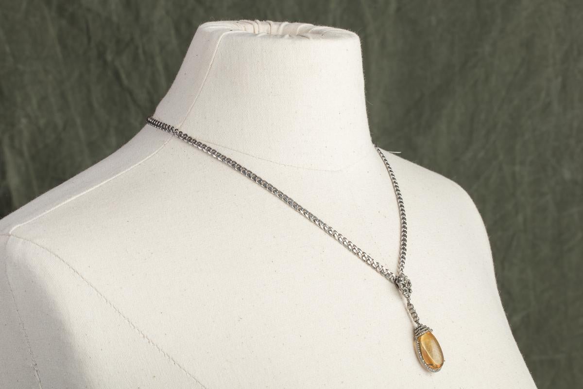 Women's or Men's Cabochon Citrine and Diamond Pendant on Sterling Chain