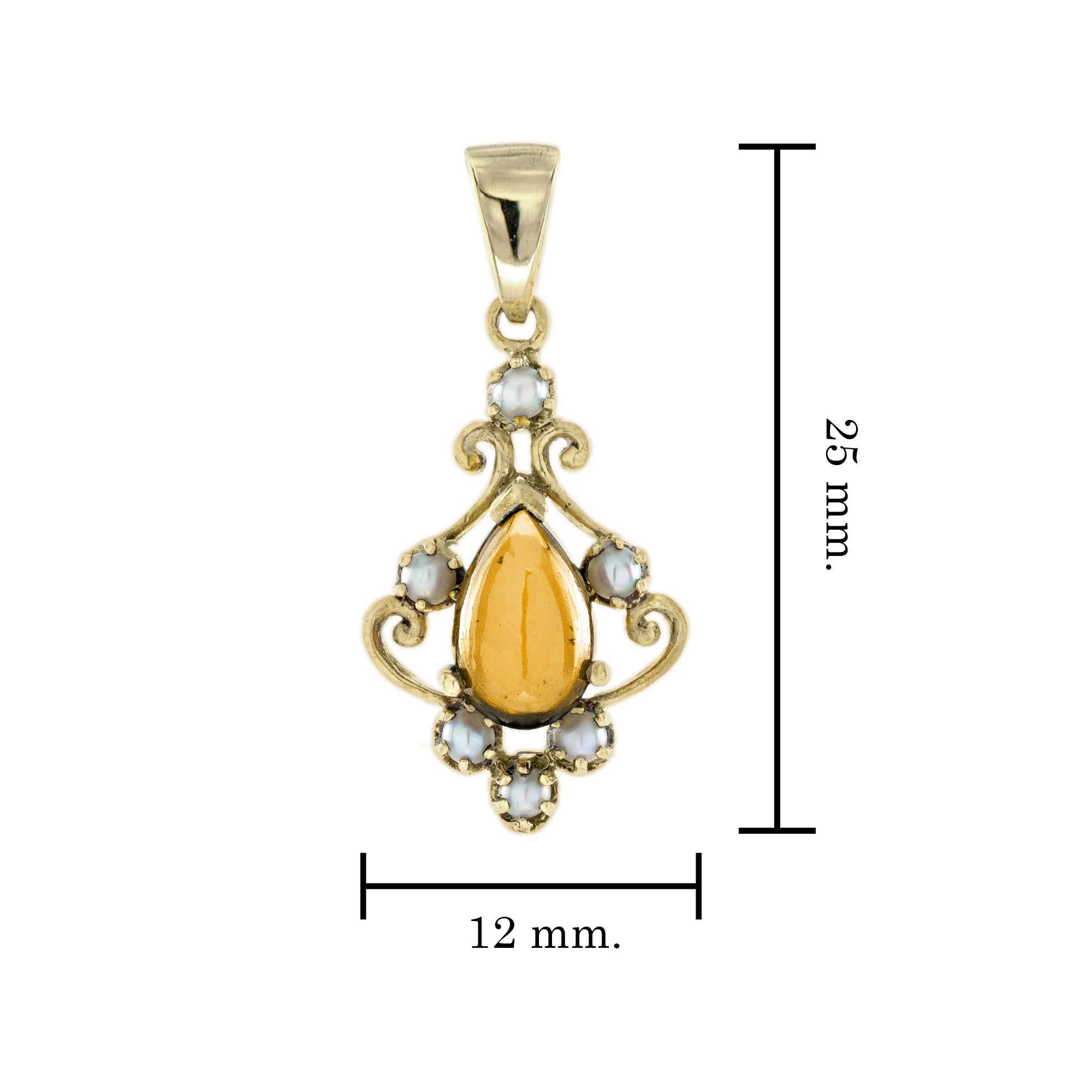 Pendentif en or jaune 14 perles et citrine cabochon de style vintage Neuf - En vente à Bangkok, TH