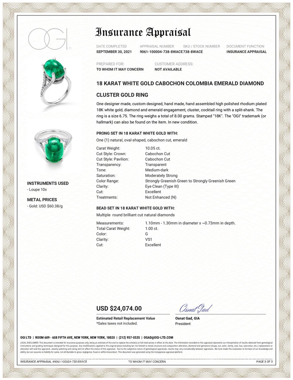 18 karats White gold cocktail cluster ring 
Colombia cabochon emerald weight 10.05 carat 
Surrounded by pave-set diamond weighing 1 carat
The emerald color is deep summer grass green The emerald is crystal clear with few natural fissures. Emeralds