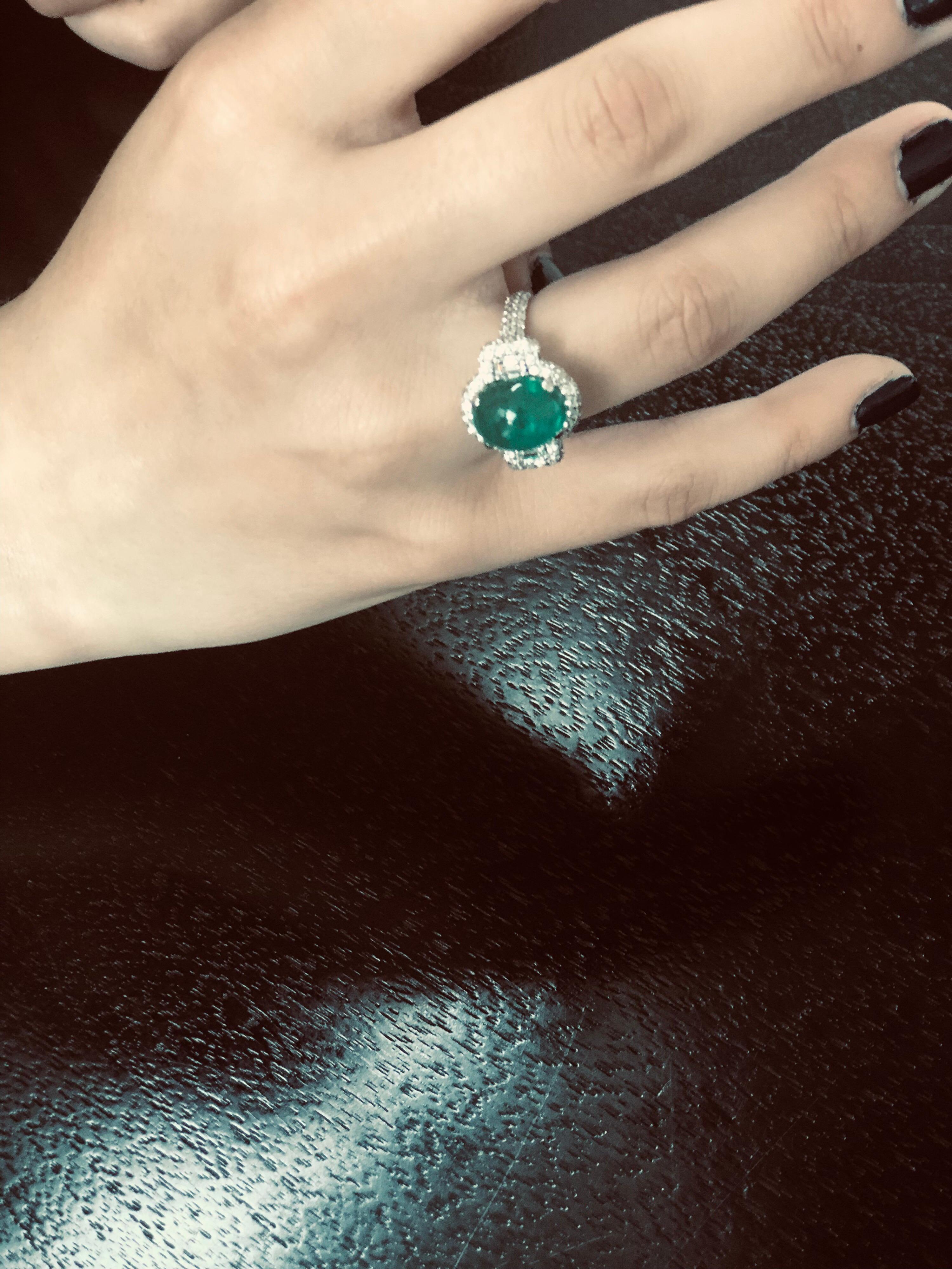 Cabochon Colombian Emerald and Diamond Cluster Cocktail Ring Weighing 7.35 Carat 6