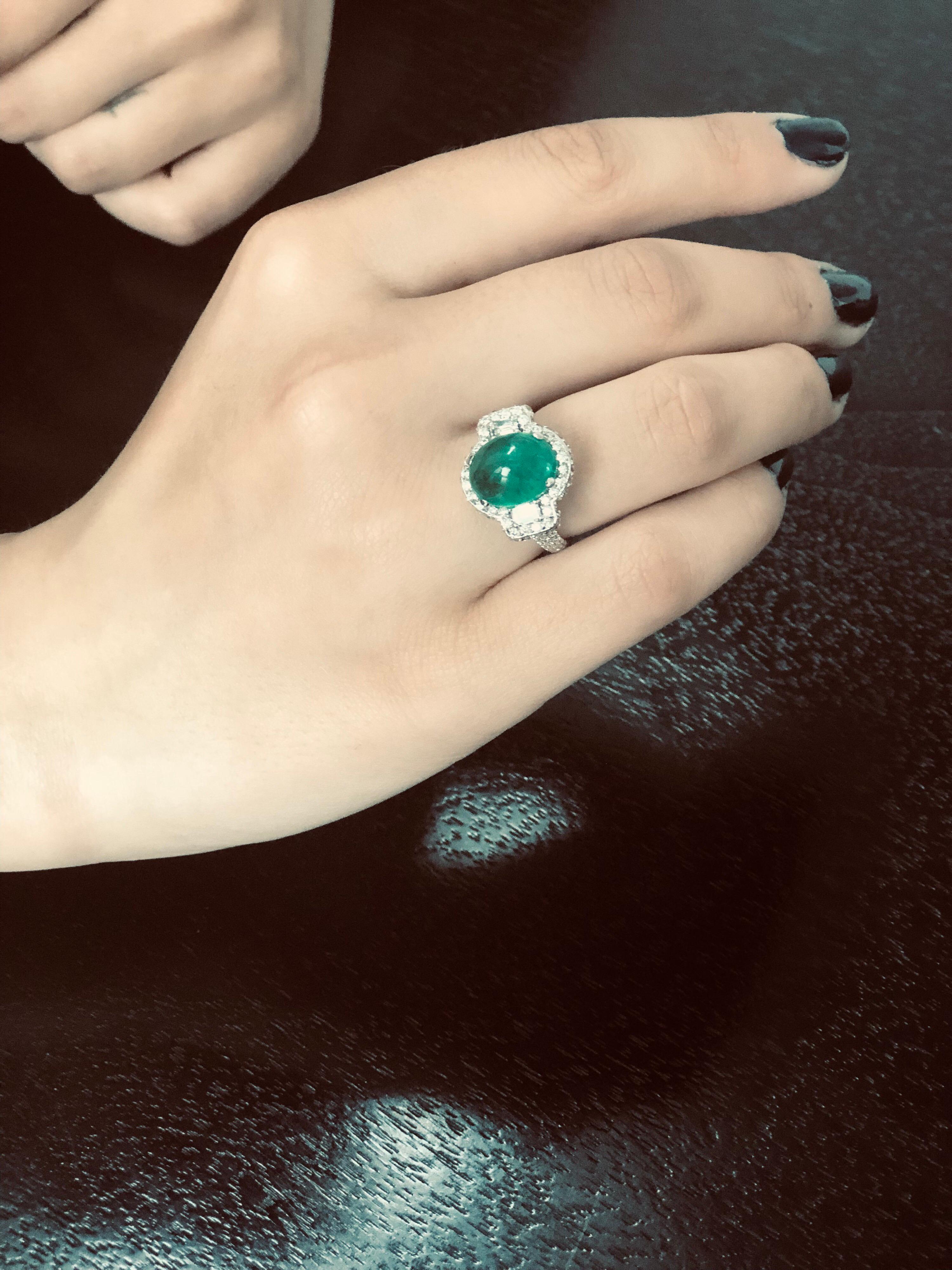 Women's or Men's Cabochon Colombian Emerald and Diamond Cluster Cocktail Ring Weighing 7.35 Carat