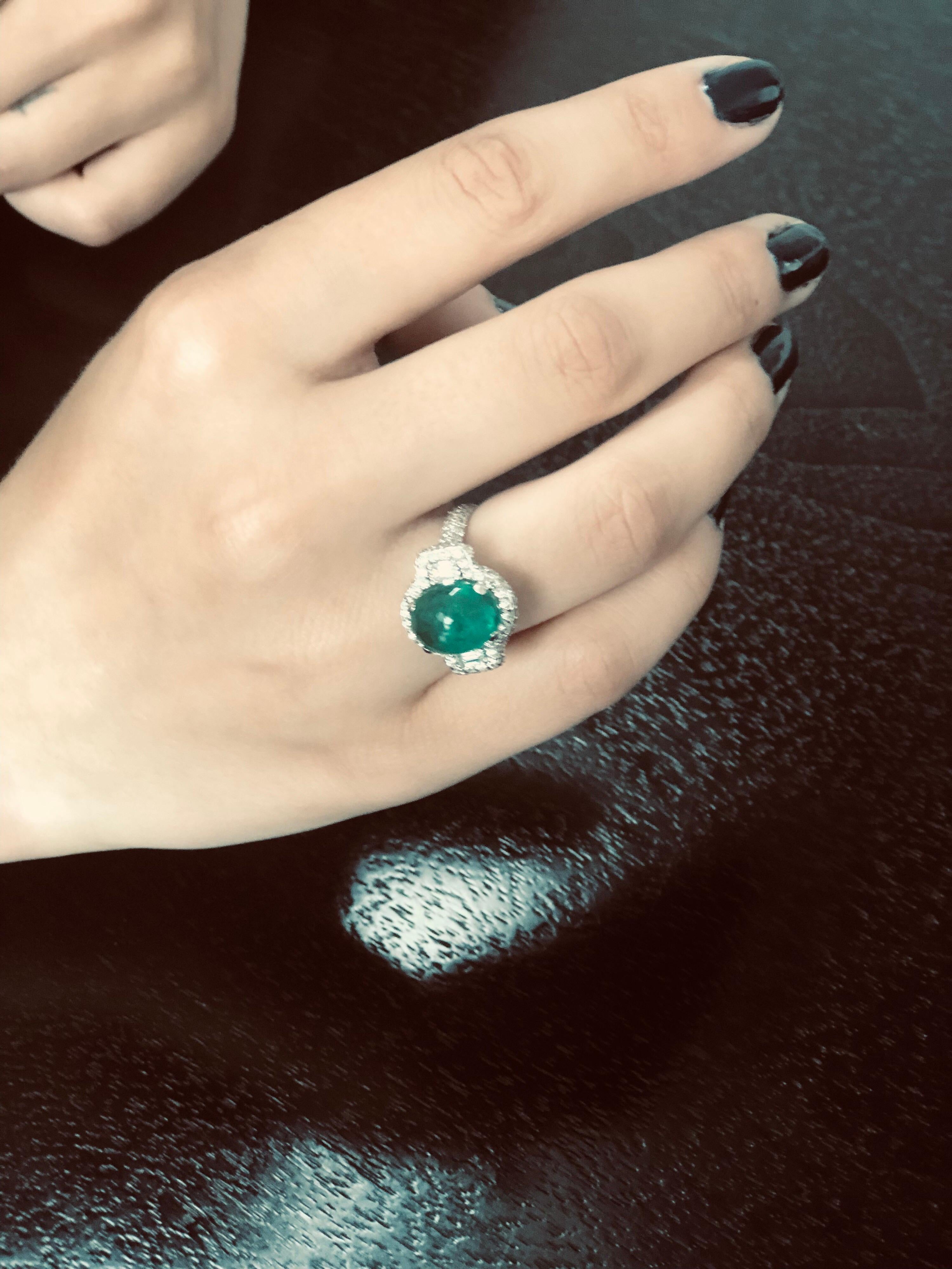 Cabochon Colombian Emerald and Diamond Cluster Cocktail Ring Weighing 7.35 Carat 1