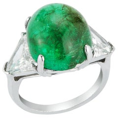 Retro Cabochon Colombian Emerald and Diamond Three-Stone Ring