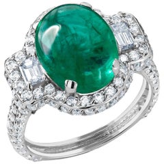 Cabochon Colombian Emerald Diamond Cluster Ring Weighing 7.35 Carat