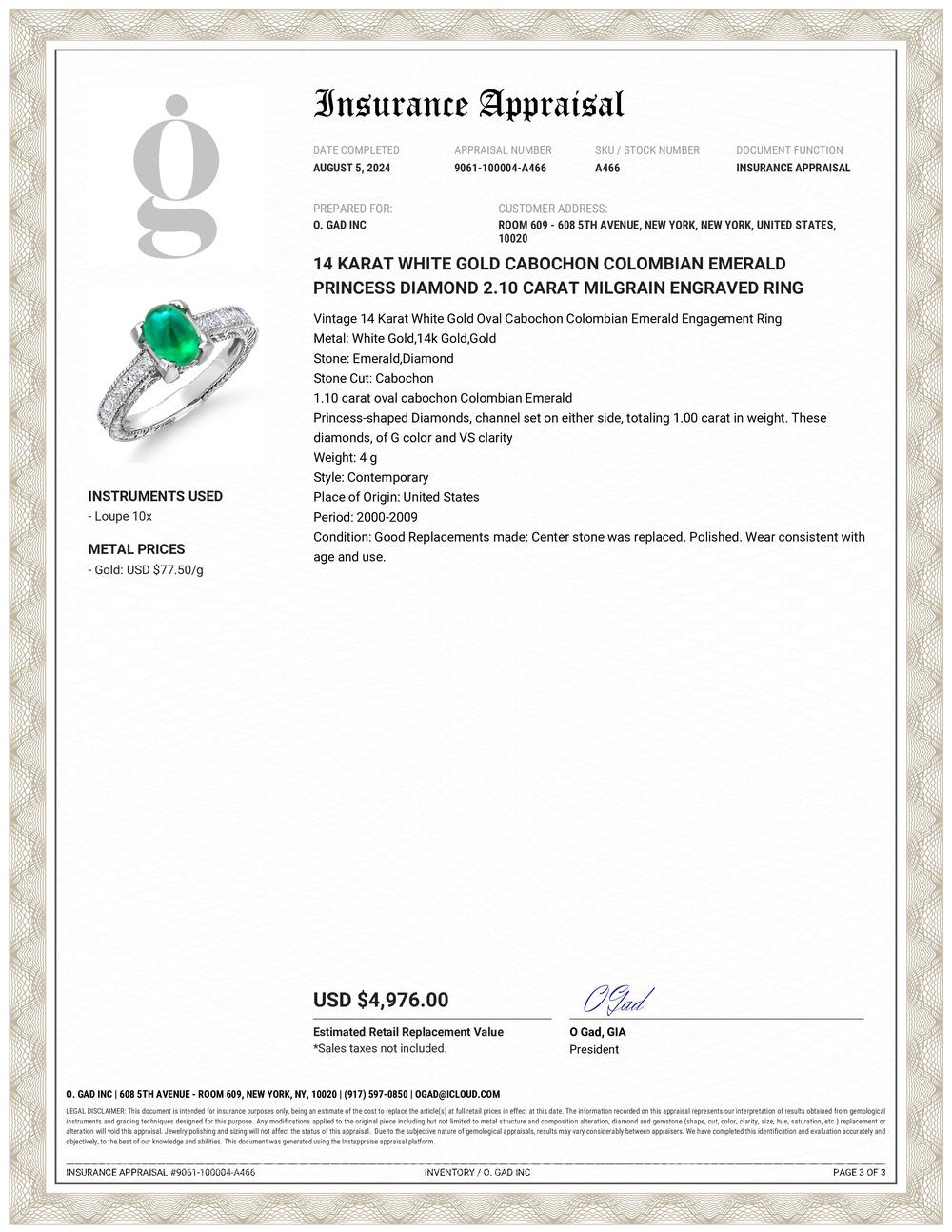 Cabochon kolumbianischer Smaragd Prinzessin Diamant 2,10 Karat Milgrain gravierter Ring (Zeitgenössisch) im Angebot