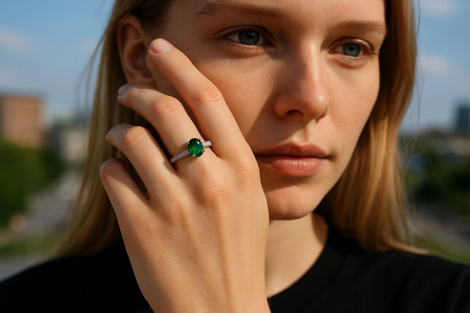 Wir präsentieren unseren exquisiten Verlobungsring mit ovalem Cabochon aus kolumbianischem Smaragd aus 14 Karat Weißgold, ein Meisterwerk feiner Handwerkskunst und zeitloser Eleganz.
Das Herzstück dieses prächtigen Rings ist ein atemberaubender