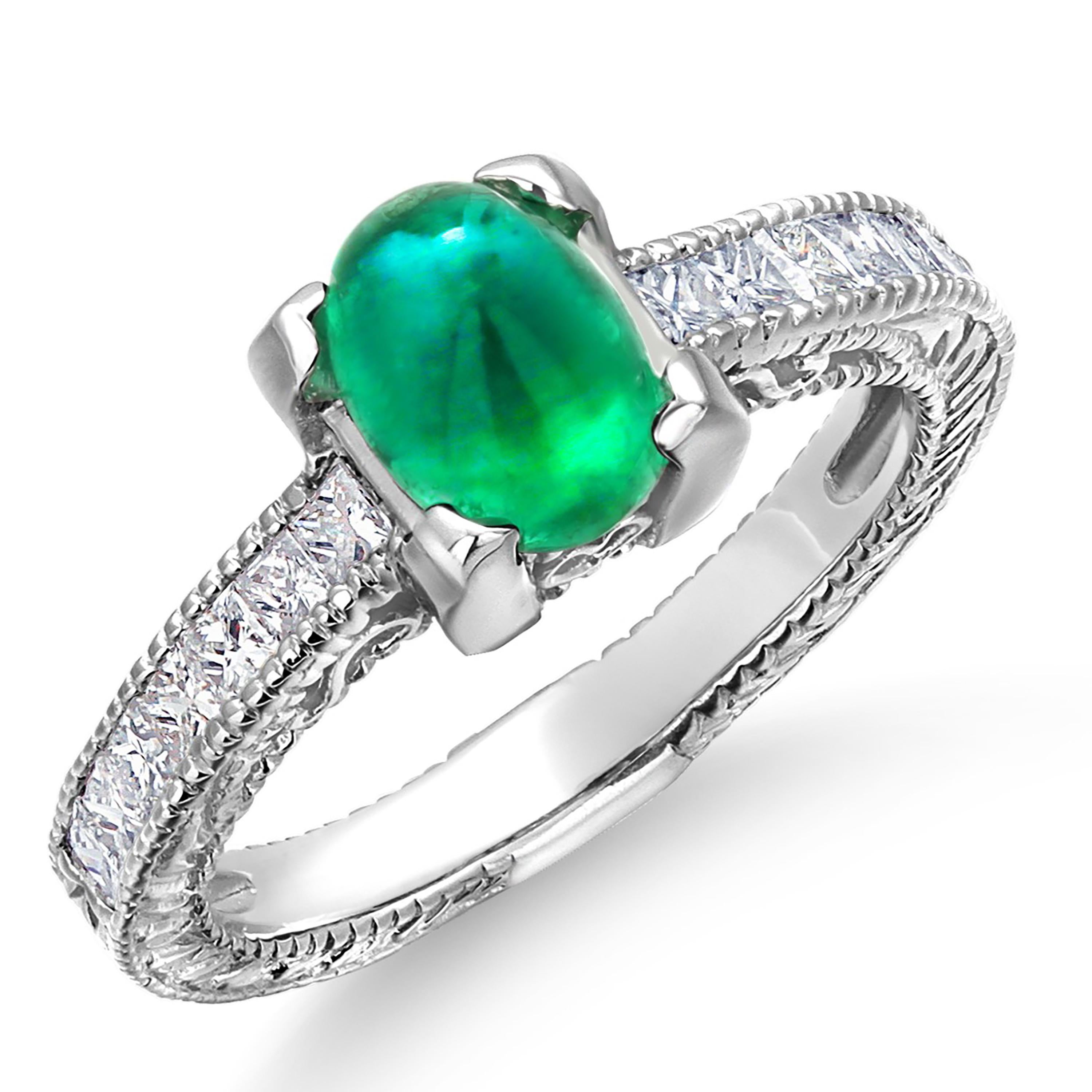Women's Cabochon Colombian Emerald Princess Diamond 2.10 Carat Milgrain Engraved Ring  For Sale