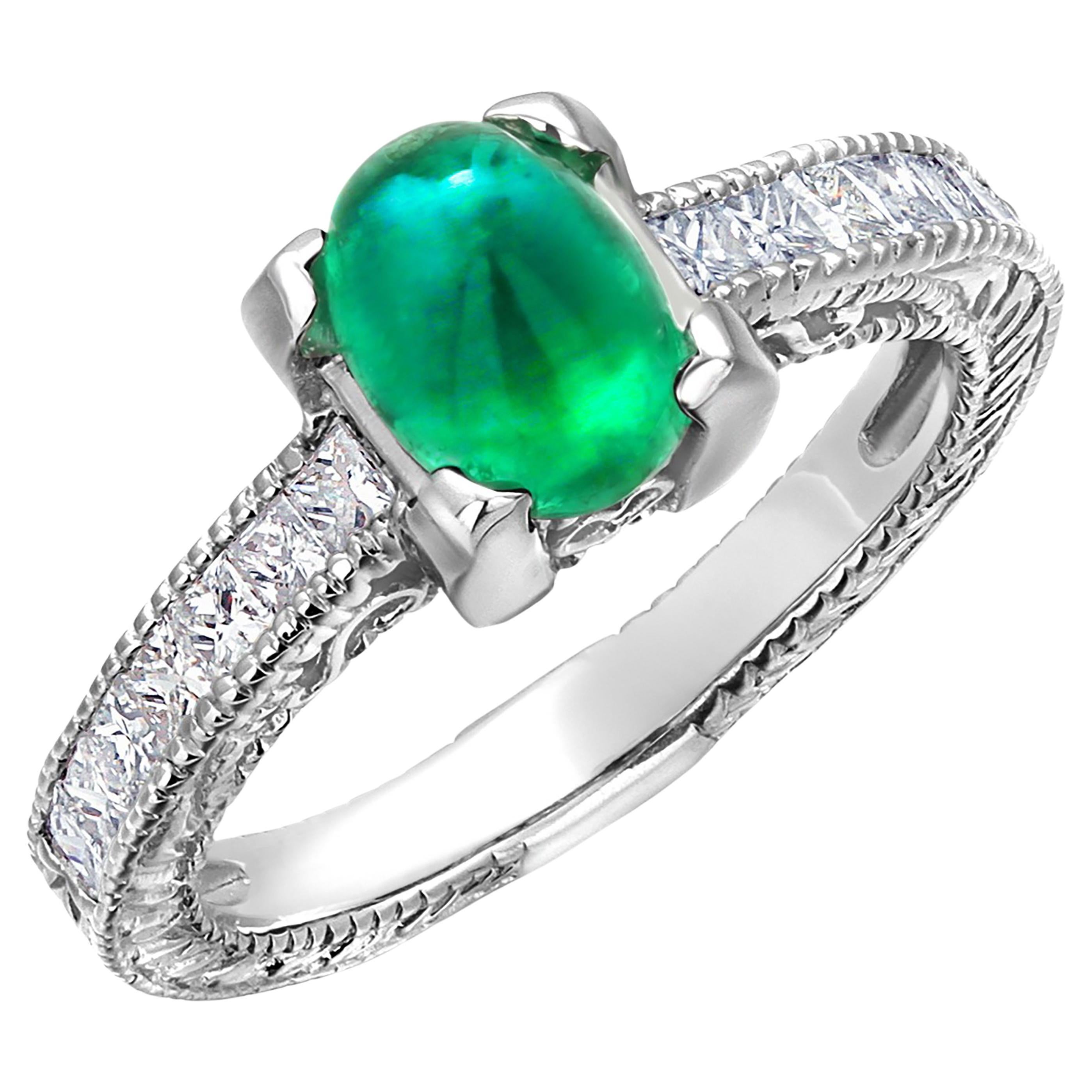 Cabochon Colombian Emerald Princess Diamond 2.10 Carat Milgrain Engraved Ring  For Sale