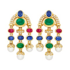 Cabochon Colored Stones Cultured Pearl and Diamond Pendant-Earrings