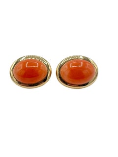 Cabochon Coral and 14K Yellow Gold Clip and Post Earrings