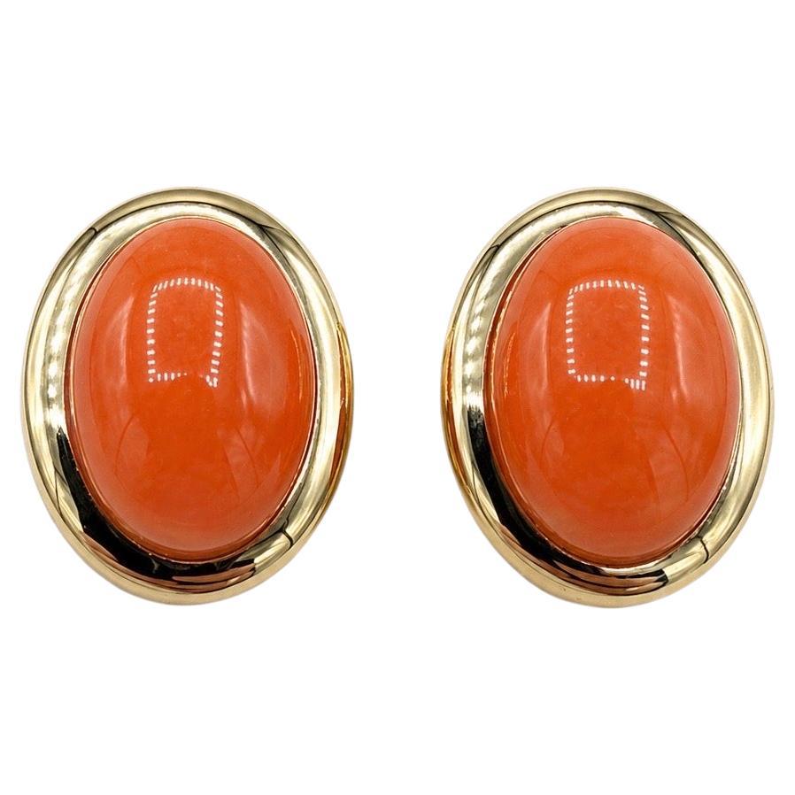 Cabochon Koralle und 14K Gelbgold Clip und Post-Ohrringe