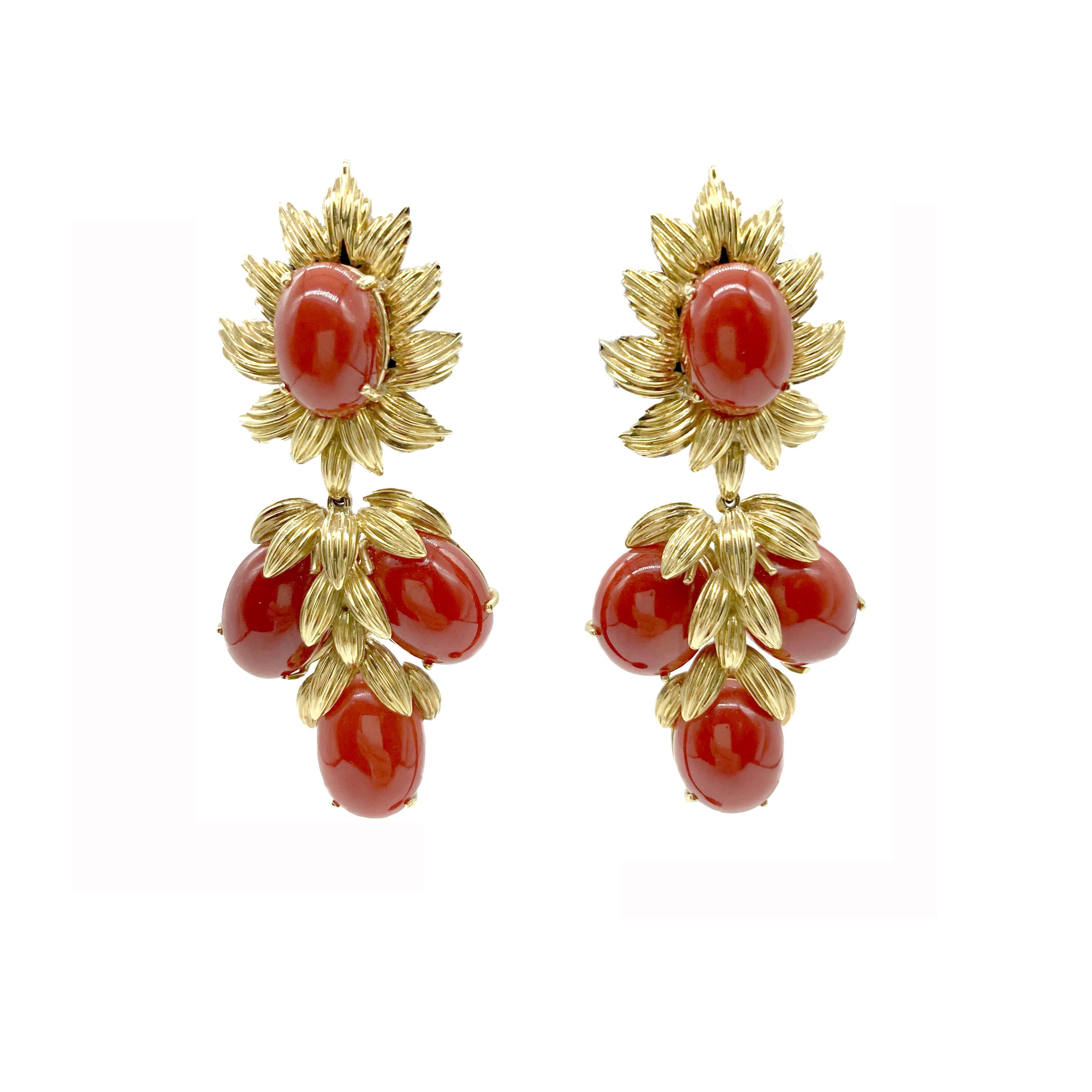 A stylish pair of vintage red coral and yellow gold ear pendants, circa 1960s. 