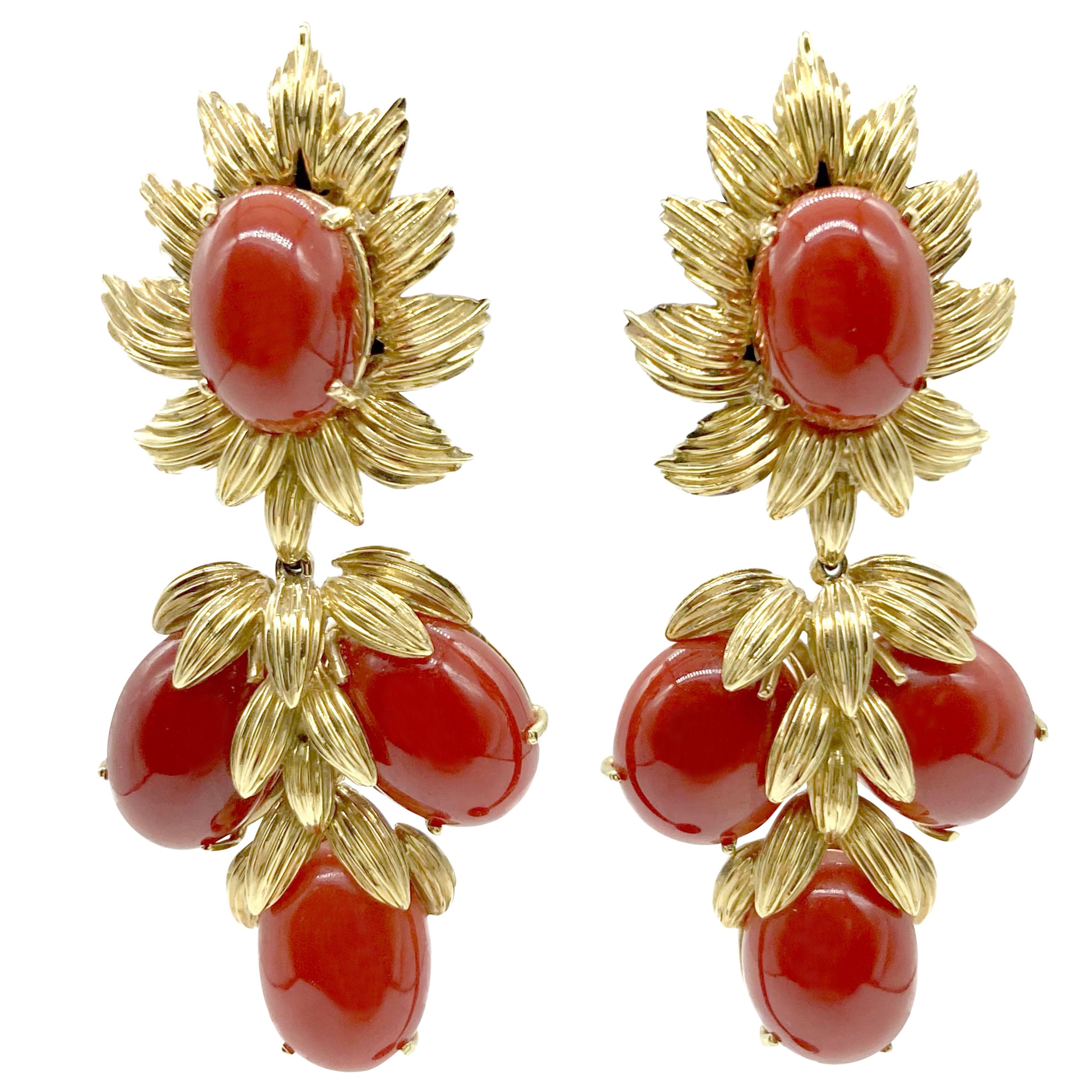 Cabochon Coral and Textured Gold Chandelier Earrings For Sale