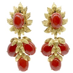 Cabochon Coral and Textured Gold Chandelier Earrings