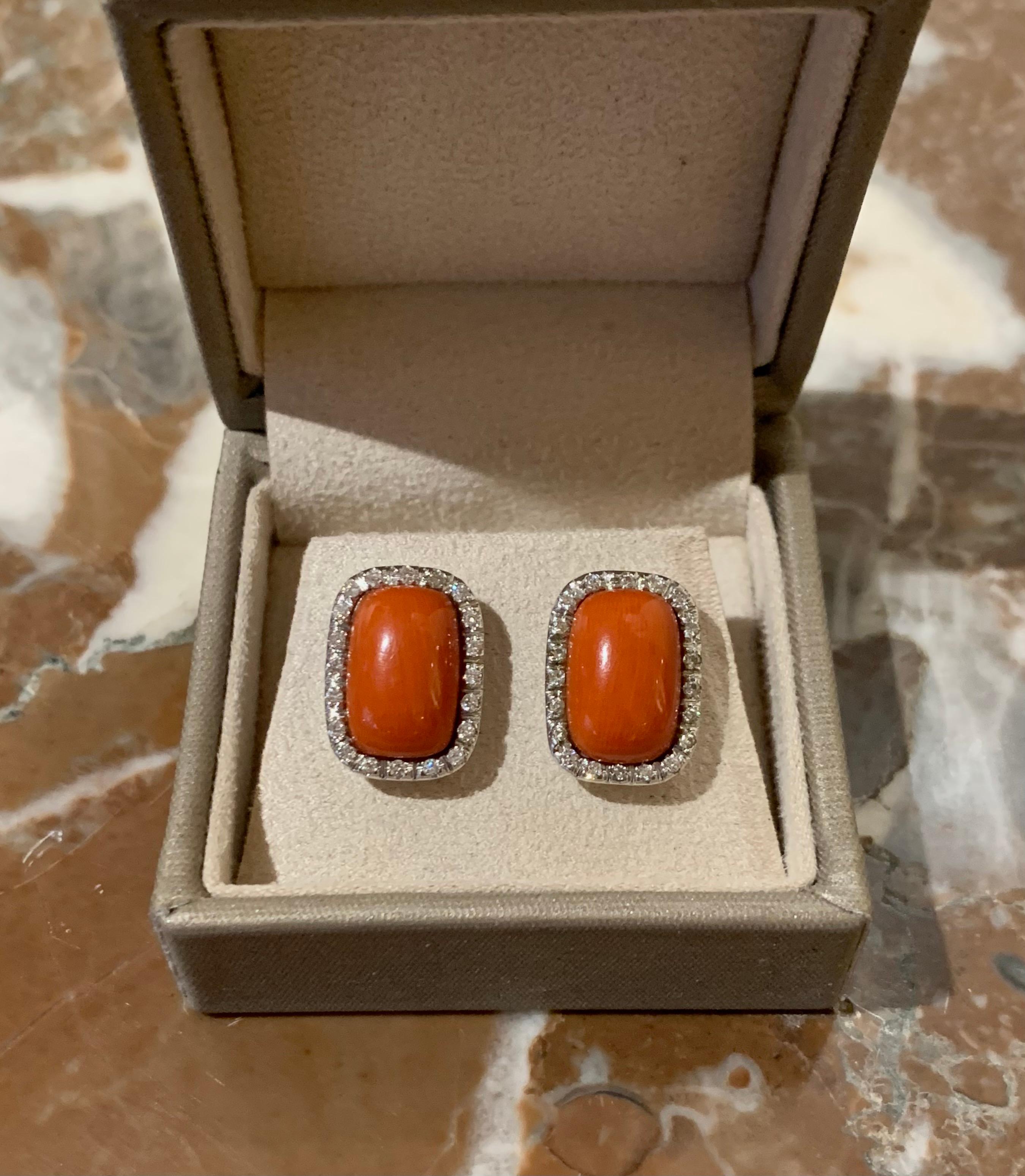 Contemporary Cabochon Coral Diamonds 18 Carats White Gold Stud Earrings For Sale
