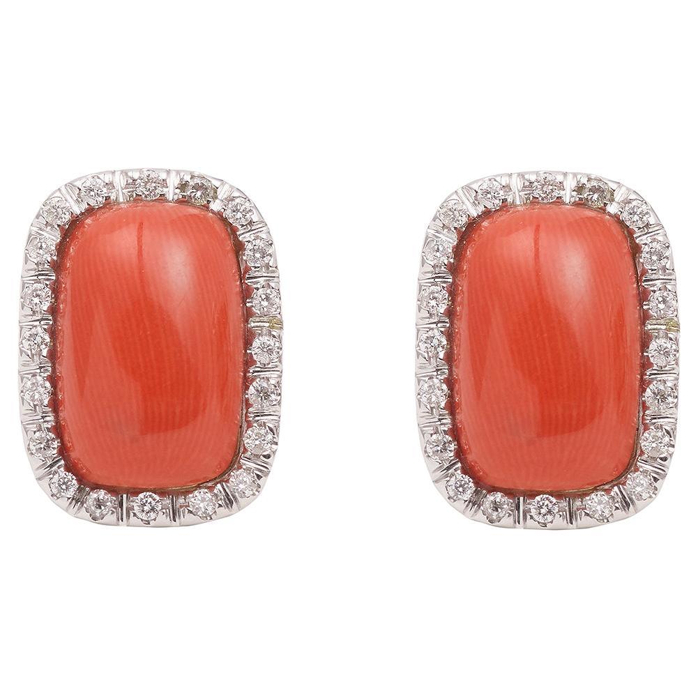 Cabochon Coral Diamonds 18 Carats White Gold Stud Earrings For Sale