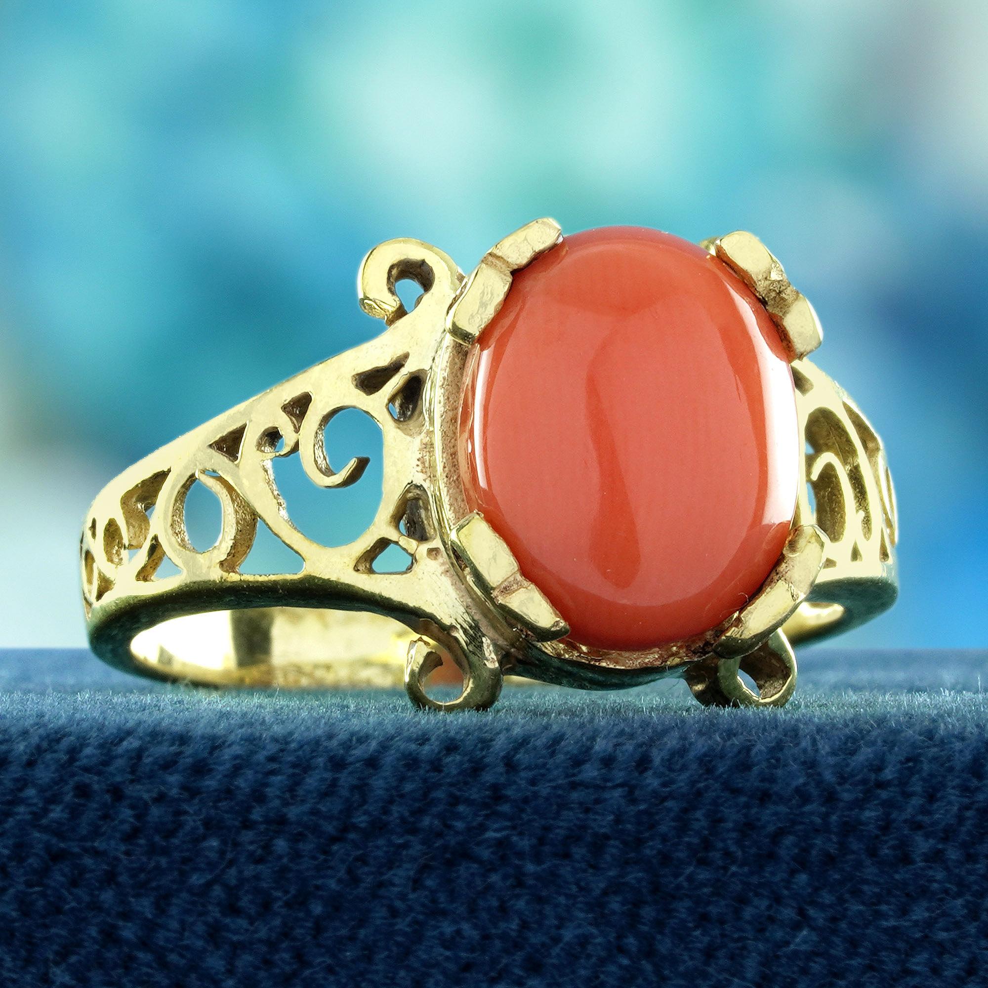 Edwardian Cabochon Coral Vintage Style Filigree Ring in Solid 9K Yellow Gold For Sale