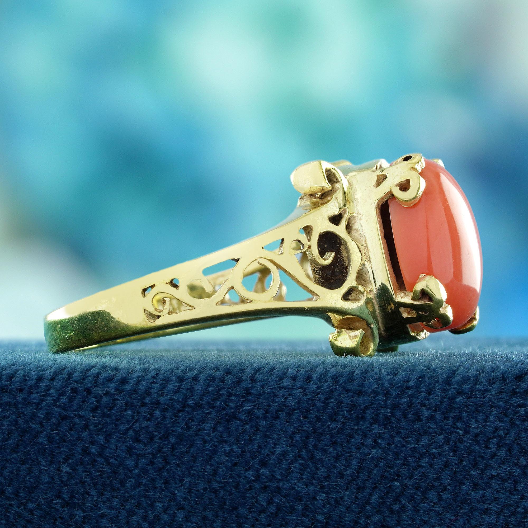 Oval Cut Cabochon Coral Vintage Style Filigree Ring in Solid 9K Yellow Gold For Sale