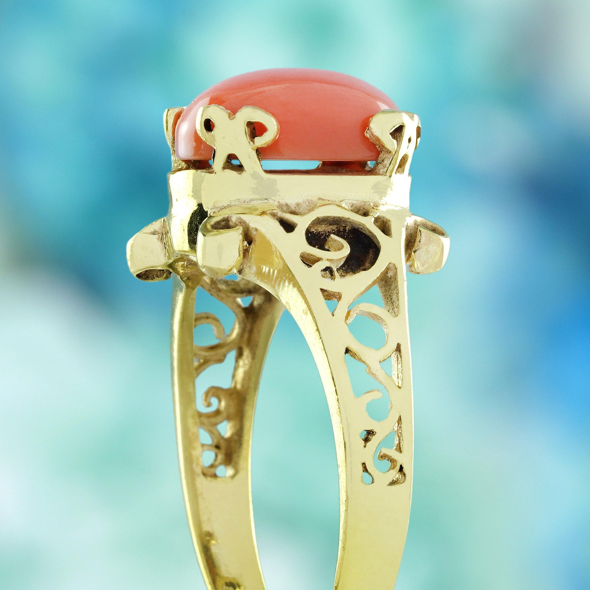 Women's Cabochon Coral Vintage Style Filigree Ring in Solid 9K Yellow Gold For Sale