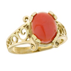 Cabochon Coral Vintage Style Filigree Ring in Solid 9K Yellow Gold
