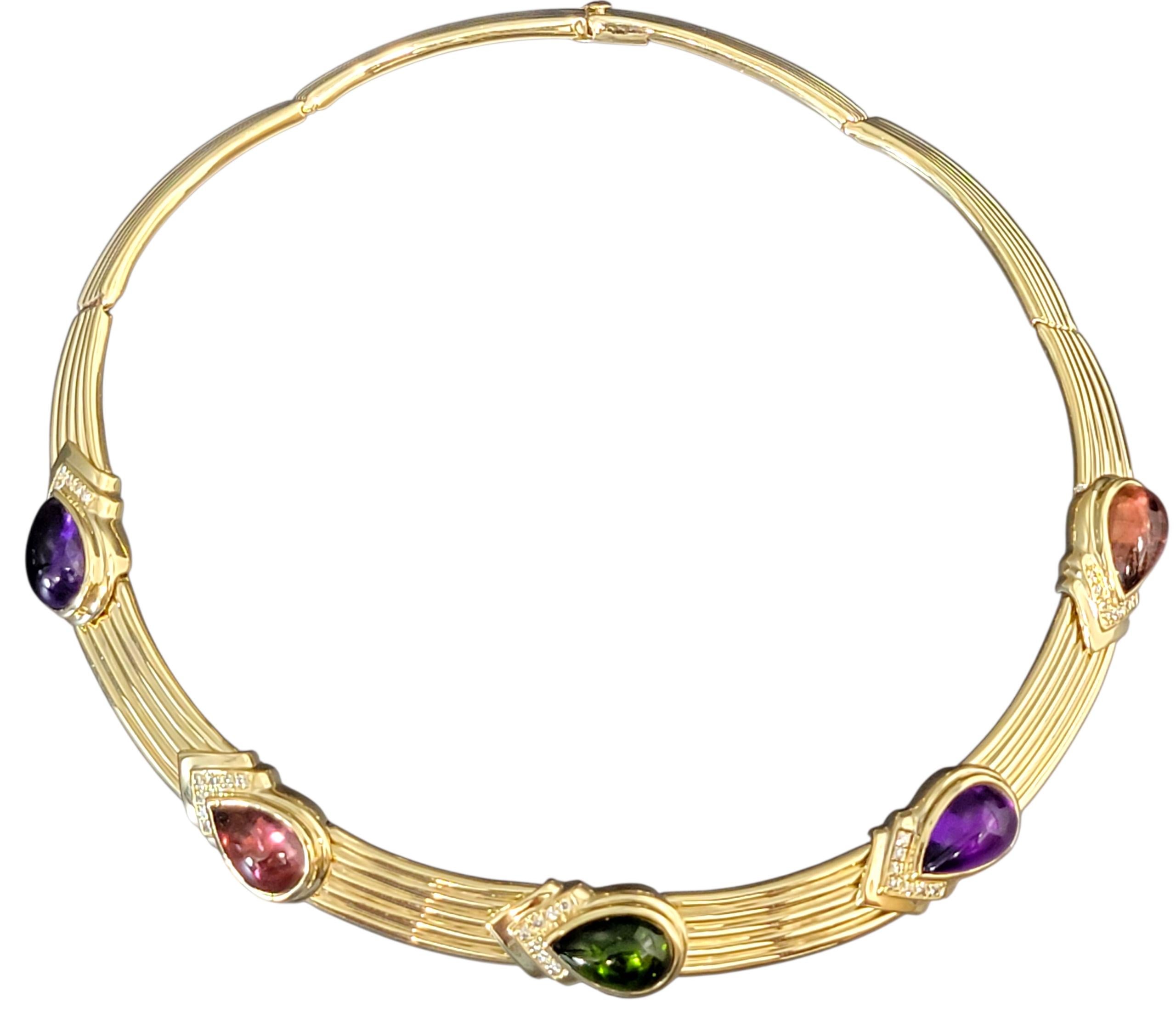 Cabochon Cut Amethyst, Turmalin & Diamant Ridged Choker Halskette 14 Karat Gold (Tropfenschliff) im Angebot