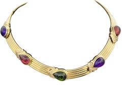 Cabochon Cut Amethyst, Tourmaline & Diamond Ridged Choker Necklace 14 Karat Gold