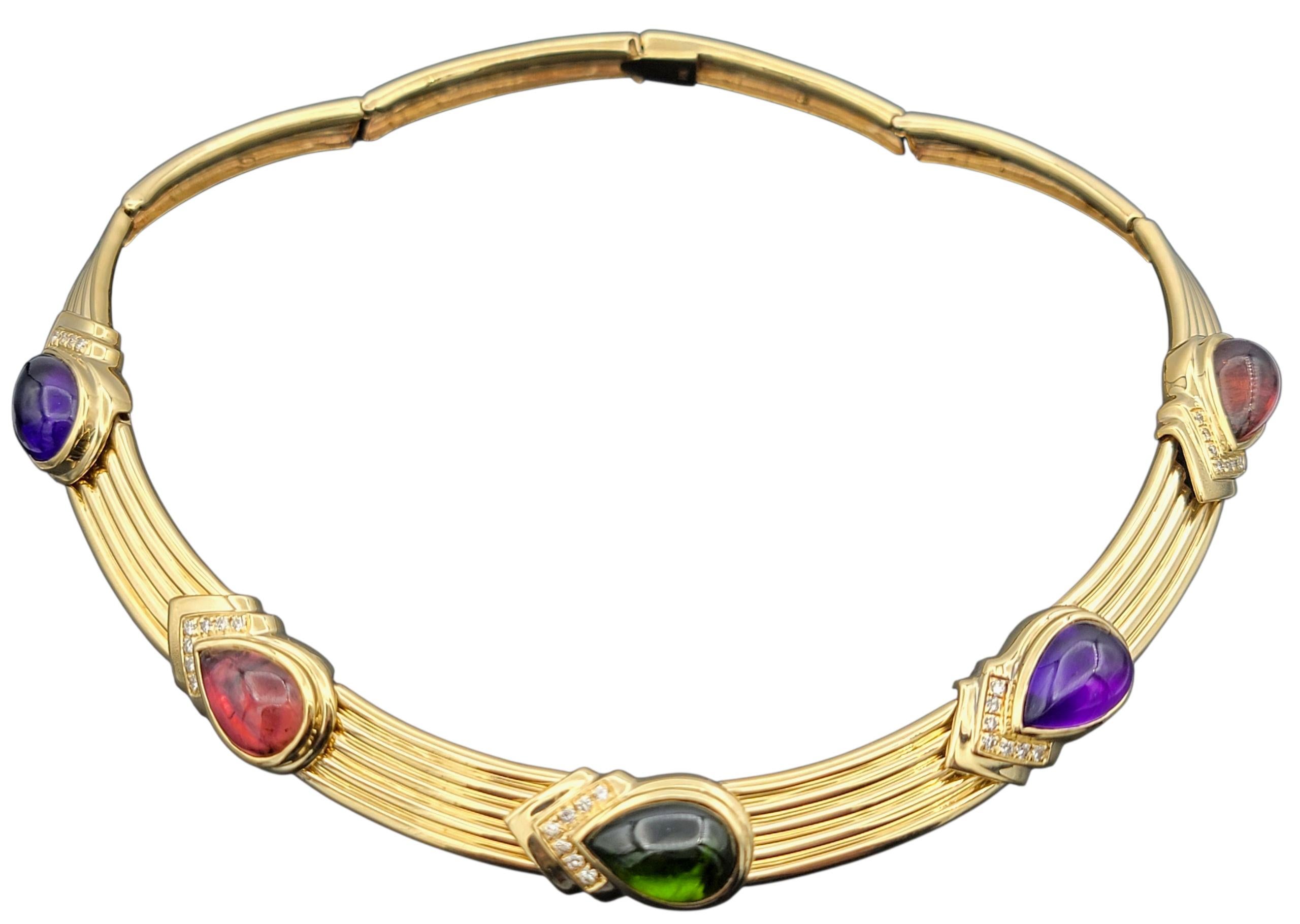 Cabochon Cut Amethyst, Turmalin & Diamant Ridged Choker Halskette 14 Karat Gold (Zeitgenössisch) im Angebot