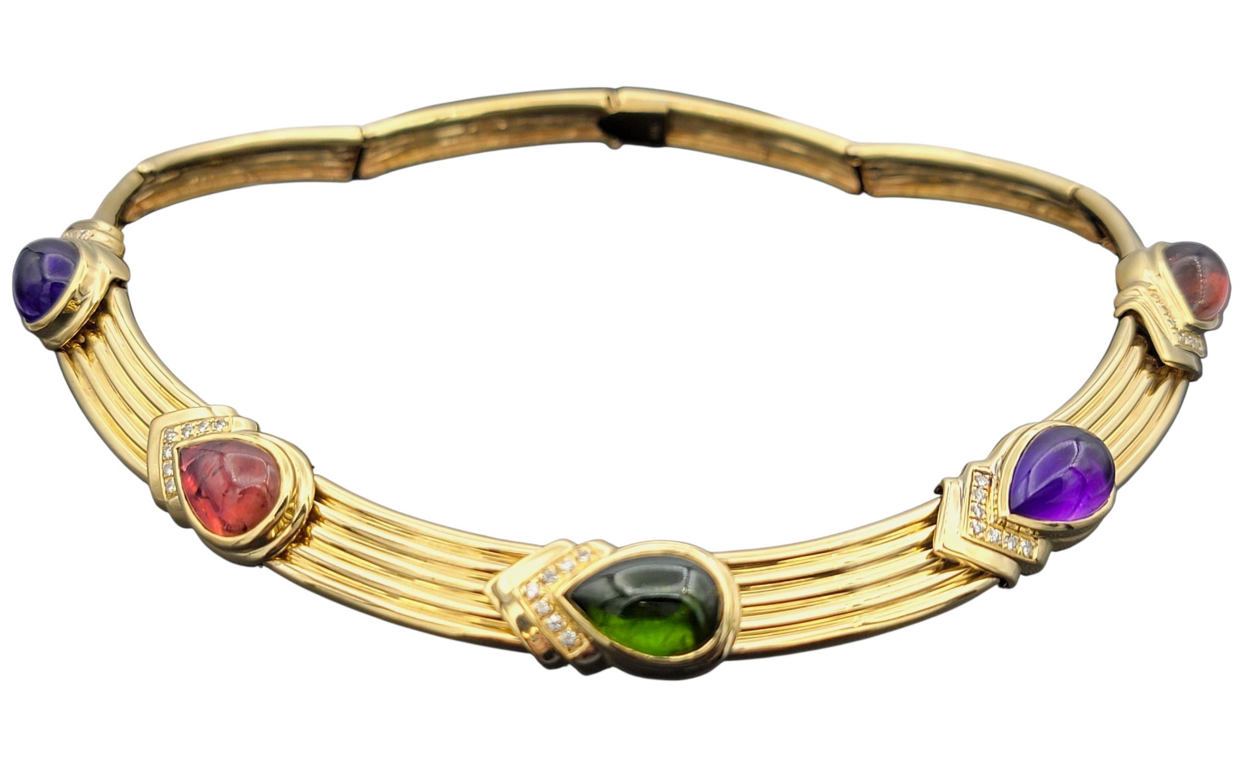 Cabochon Cut Amethyst, Turmalin & Diamant Ridged Choker Halskette 14 Karat Gold im Zustand „Gut“ im Angebot in Scottsdale, AZ