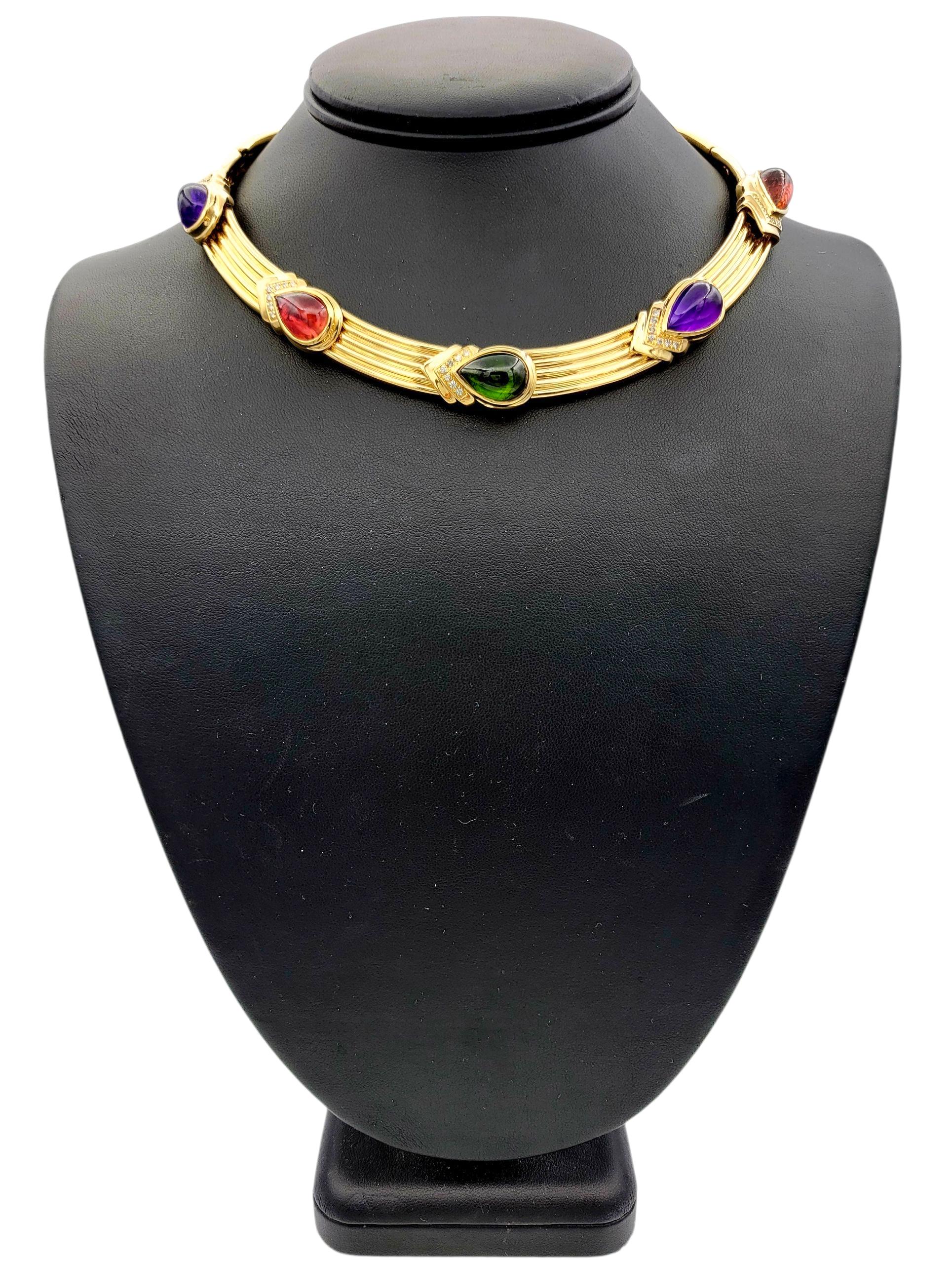 Cabochon Cut Amethyst, Turmalin & Diamant Ridged Choker Halskette 14 Karat Gold im Angebot 4