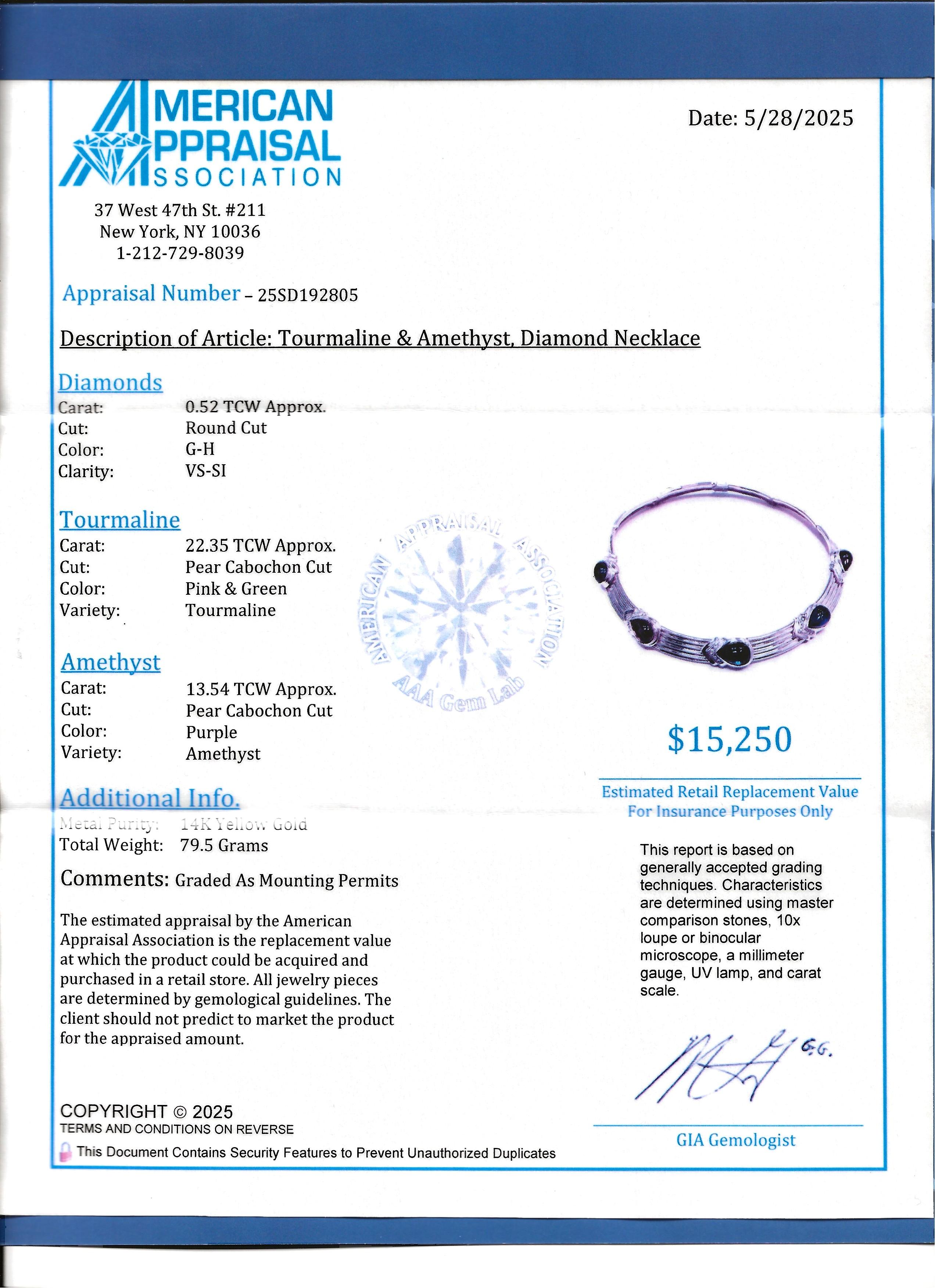 Cabochon Cut Amethyst, Turmalin & Diamant Ridged Choker Halskette 14 Karat Gold im Angebot 5