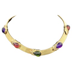 Cabochon Cut Amethyst, Turmalin & Diamant Ridged Choker Halskette 14 Karat Gold